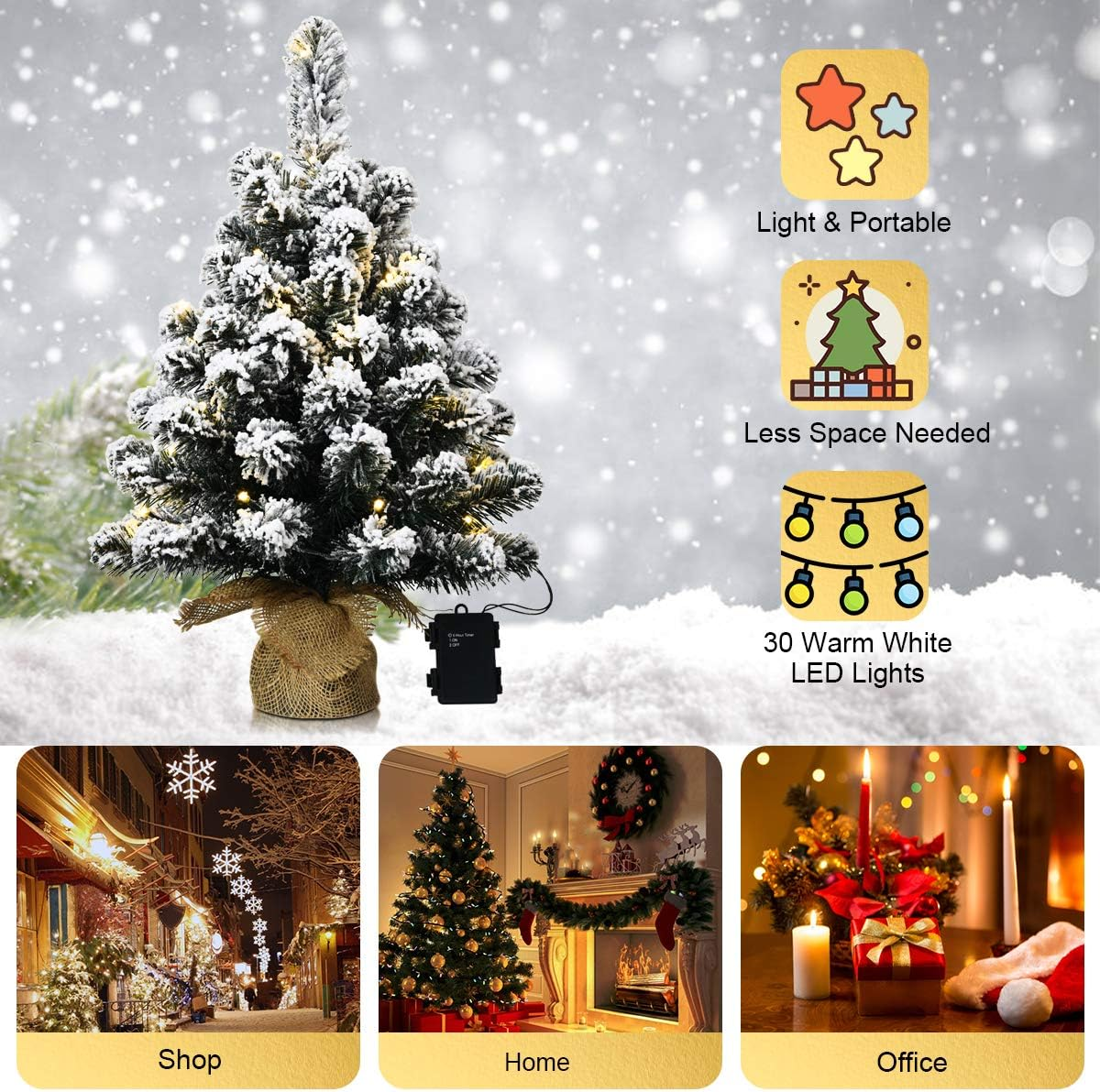 60CM Pre-Lit Snowy Christmas Tree, Mini Artificial Xmas Table Top Tree W/30 Warm White LED Lights, Battery Operated, 6 Hours Timer, Snow Flocked Tips, Potted Base W/Linen for Home, Office, Shop image number 6