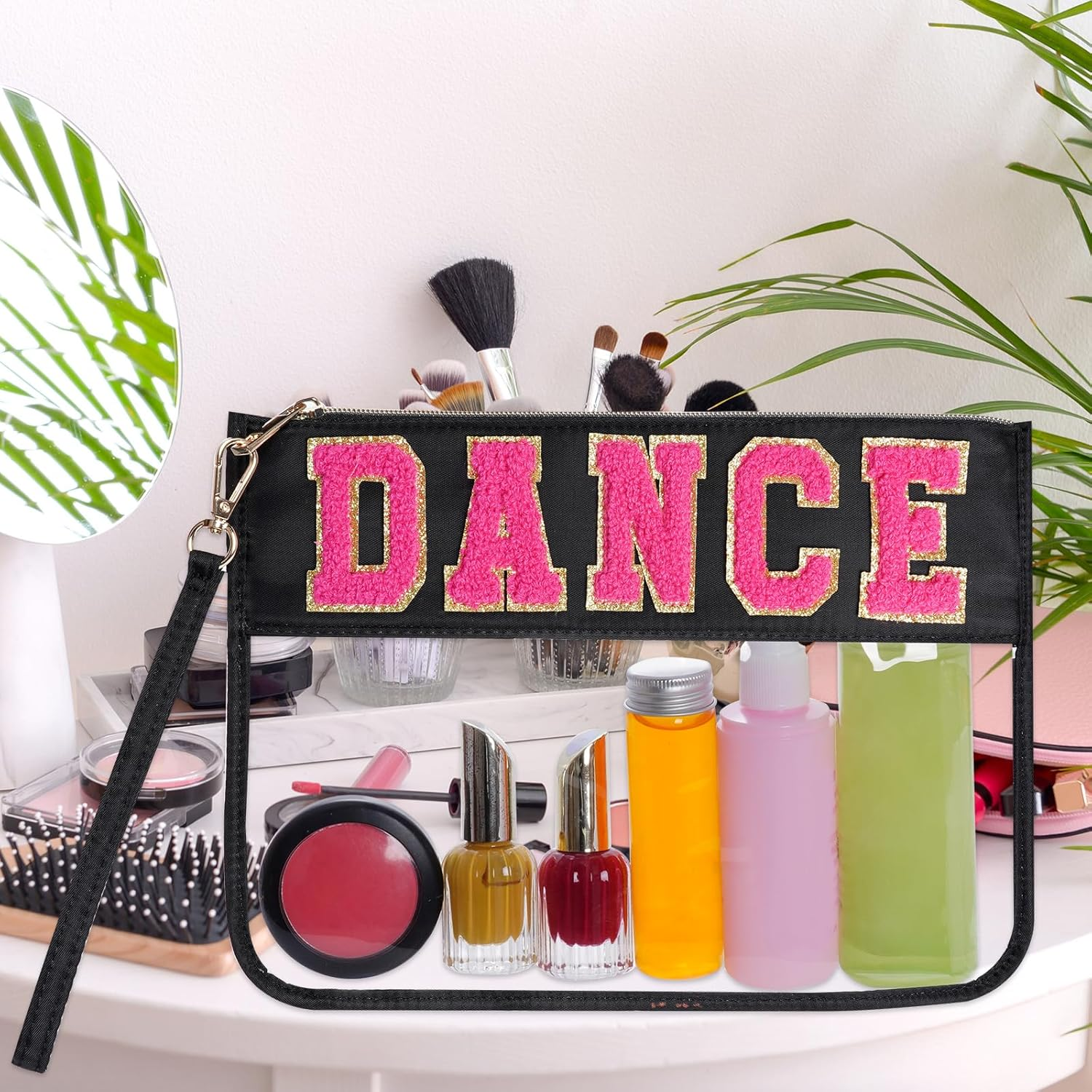 Chenille Letter Bag, Clear Flat Pouches with Zipper, Clear Makeup Letter Bag, Black-Dance, 11.8X8.7 Inch image number 4