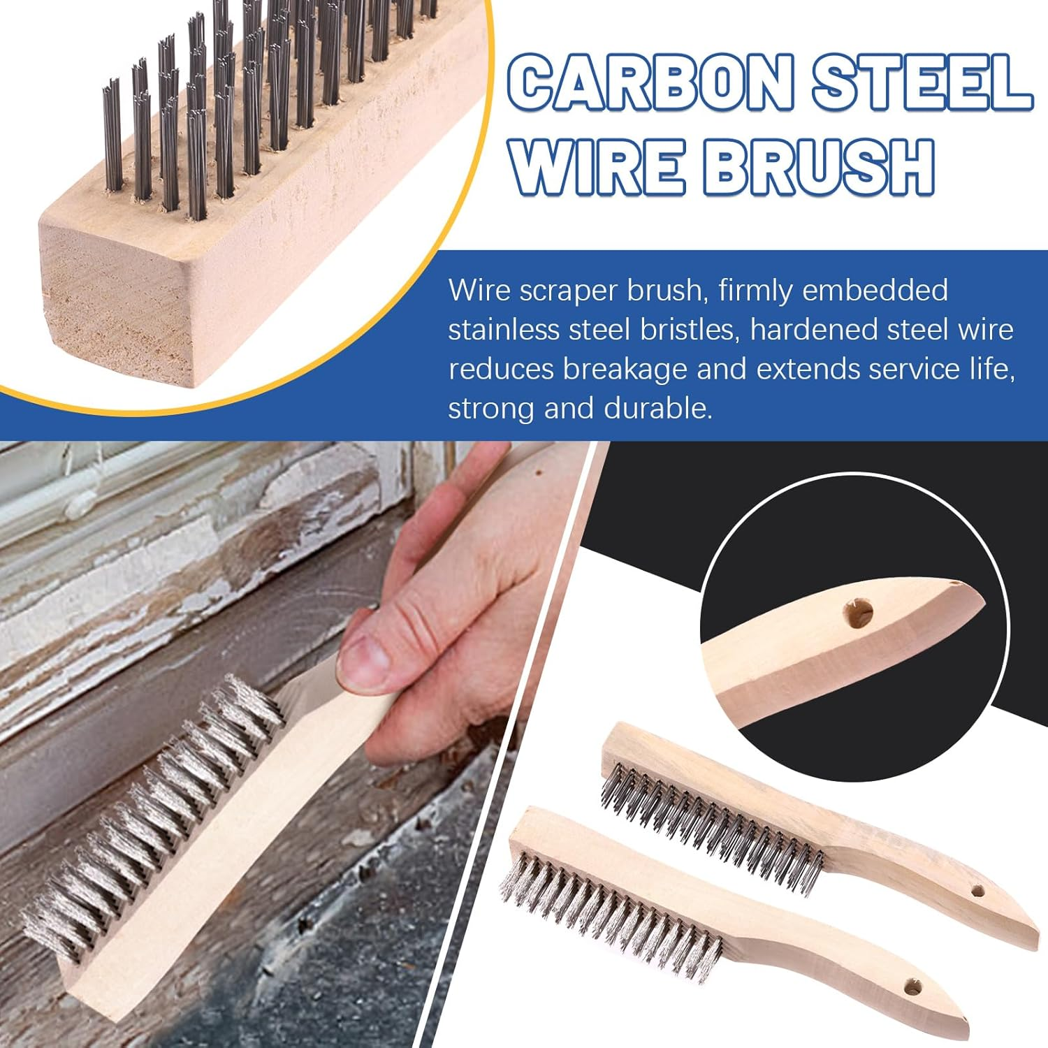 Glarks 10Pcs Wire Scratch Brush Set, Including 5Pcs Wire Wheel Cup Brushes, 3Pcs Brass/Nylon/Stainless Steel Brushes with Wood Handle Curved Grip, 2Pcs Stainless and Carbon Steel Wire Brush image number 2