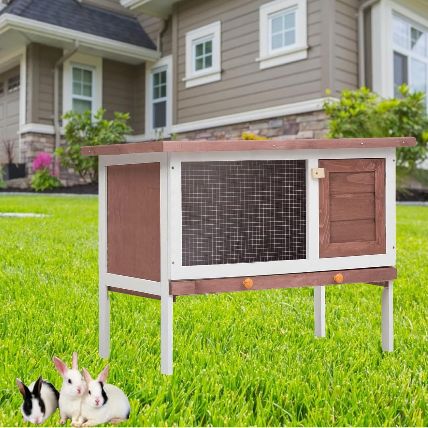 Elevated Wooden Rabbit Hutch, Indoor/Outdoor Bunny Cage with Weatherproof Green Asphalt Roof,Slide Bolt Latch and Removable Tray for Rubbit,Guinea Pig,Hamster (Brown, 90L X 45W X 65H) image number 6