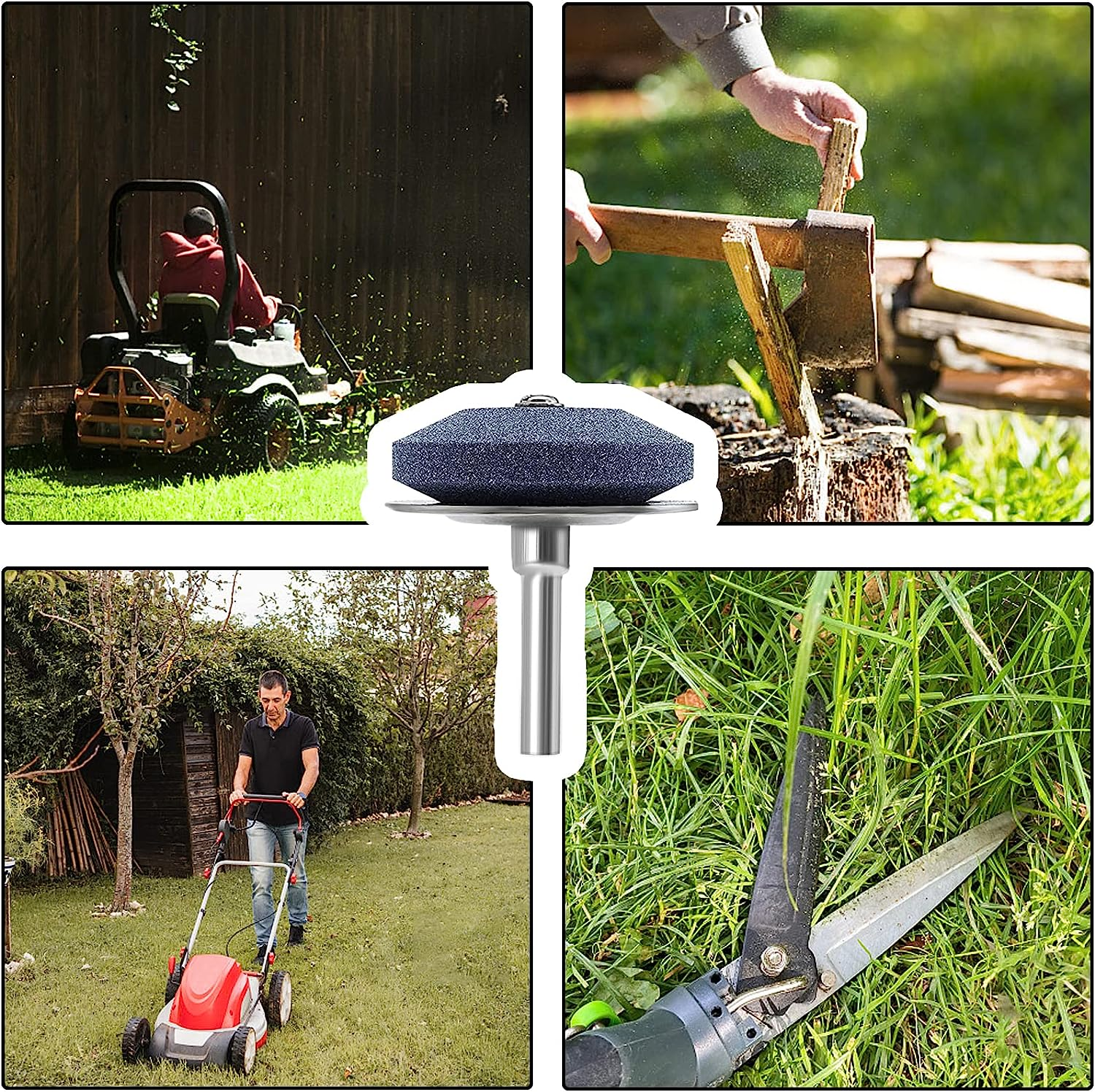 4 Pack Lawn Mower Blade Sharpener with Metal Baffle, Universal Rotary Lawnmower Blade Sharpen for Any Power Drill & Hand Drill with Lawn Mower Blade Balancer image number 1