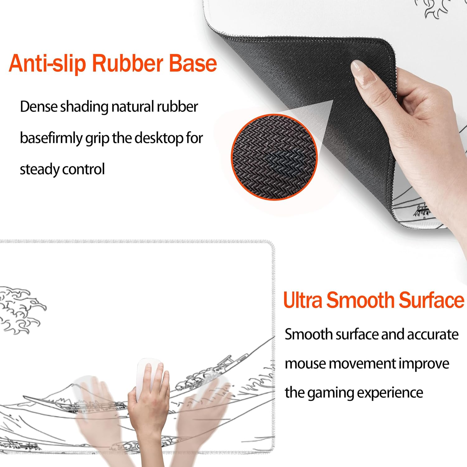 Japanese Sea Wave White Large Mouse Pad, Gaming Pad Mousepad Extended Kanagawa Mat Desk XL with 3Mm Thick Long Non-Slip Rubber Base Mice 31.5 X 11.8 Inch,