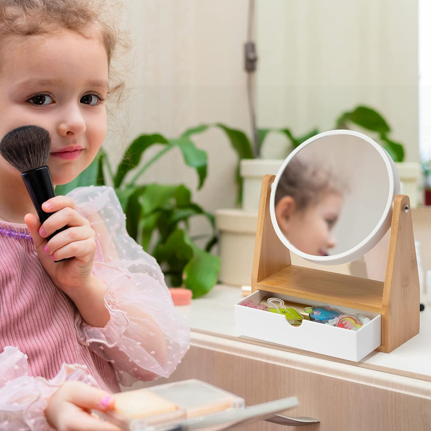 YEAKE Vanity Makeup Mirror with Natural Bamboo Stand, 10"L X 7.5"W, 1X/3X Double Sided Magnifying Mirror with Drawer, Portable Tabletop Mount, Bathroom Shaving Mirror (Round)