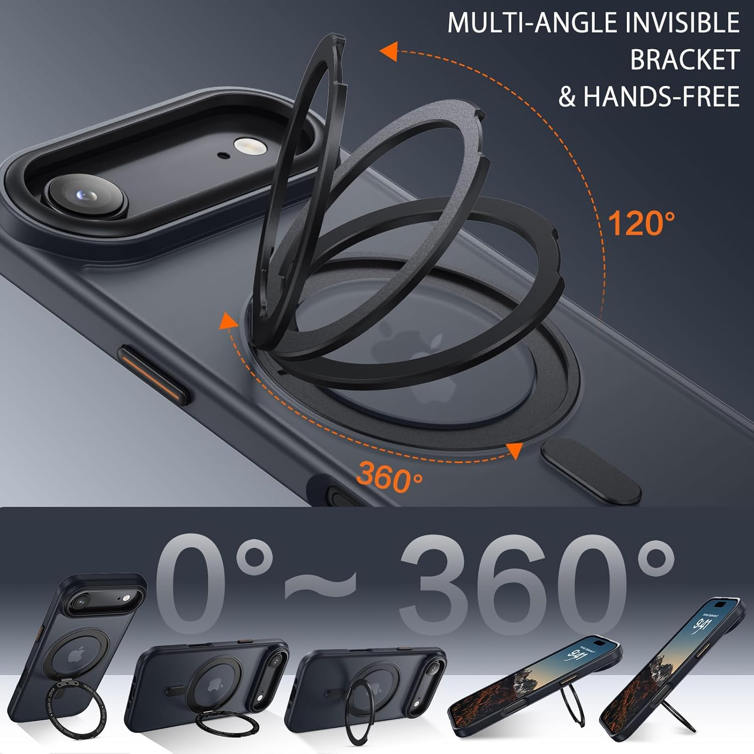 YINLAI for Iphone Air Case 6.5-Inch, Magnetic Compatible with Magsafe, with 360&deg; Rotatable Ring Stand, Anti-Fingerprint Skin-Friendly, Shockproof Full-Body Protective Iphone Air Case, Black image number 4