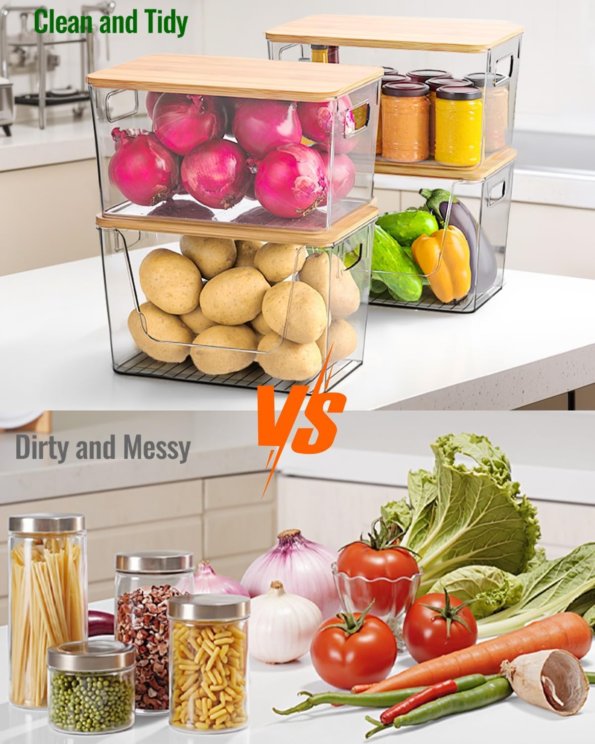 Pack of 4 Potato and Onion Storage, Stackable Pantry Organizers and Storage, Clear Fruit and Vegetable Storage with Bamboo Lid, for Produce Such as Potatoes, Onions, Fruit and Vegetable Storage image number 1