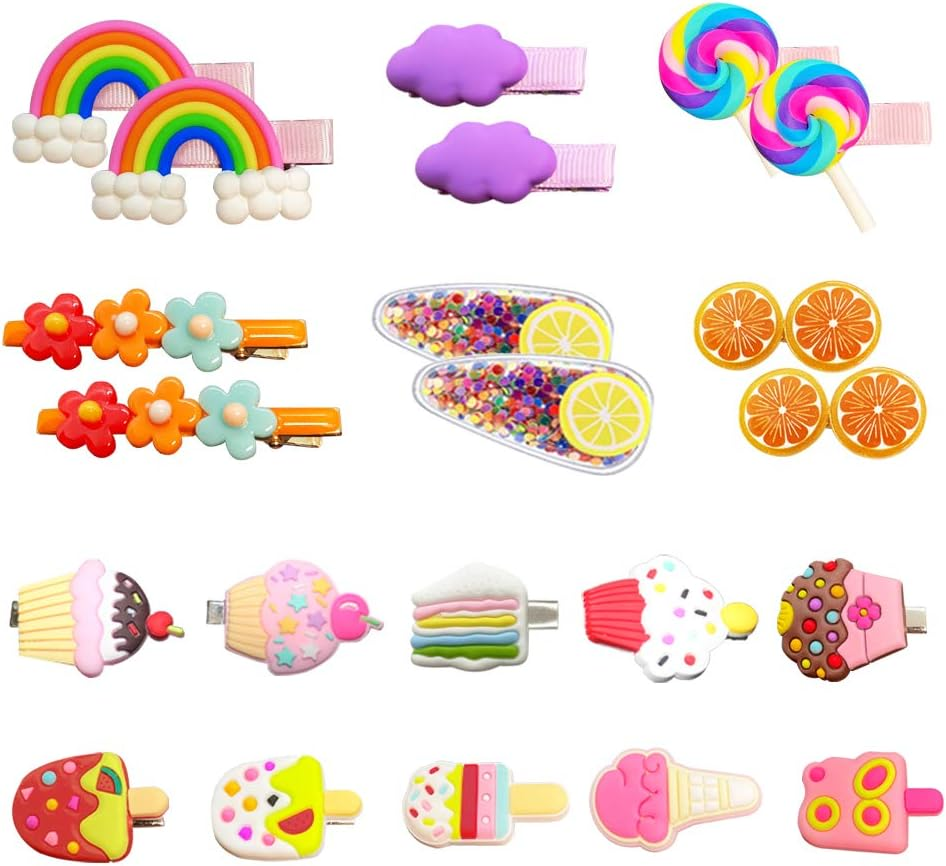 Baby Hair Clips for Girls, 22Pcs Adorable Fun Hair Accessories Cute Candy Color Rainbow Flower Fruit Dessert Patterns Barrettes for Toddlers Little Girls Kids Teens