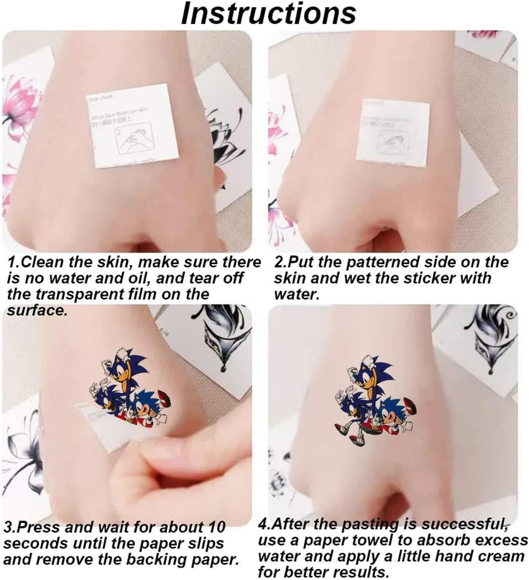 Sonic Temporary Tattoo, 8 Sheets Cute Temporary Tattoos for Kids, Birthday Party Supplies Cartoon Fake Tattoos Stickers Party Favors for Kids Boys Girls