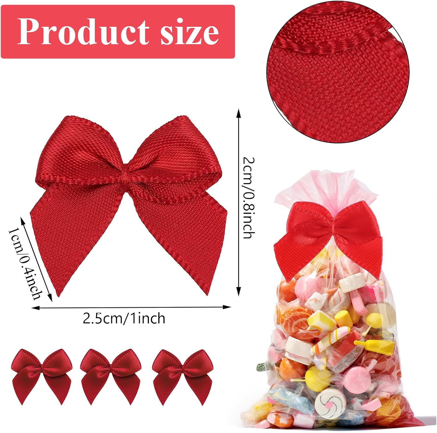 Mini Satin Ribbon Bows Flowers Red Craft Satin Ribbon Bows 1 Inch Pre-Tied Small Christmas for Flowers Appliques DIY Craft for Sewing Scrapbooking Wedding and Gift (100Pcs) image number 3