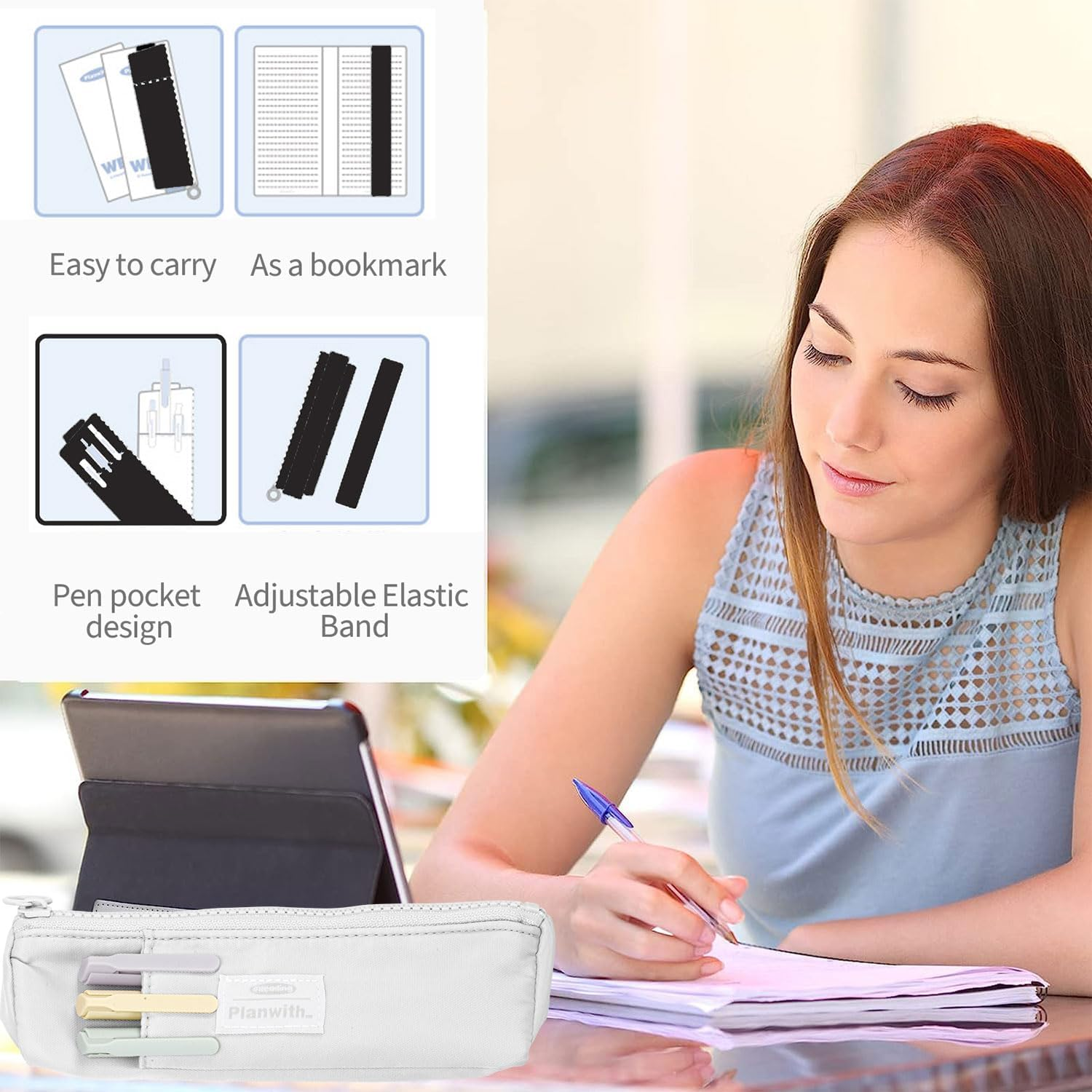 Pen Holder for Notebook, Pen Pouch for Notebook, Small Pen Holder with Adjustable Elastic Band, Slim Pencil Bag Journal Pen Holder Notebook Pen Holder, Zipper Pencil Pouch Makeup Bag - Black image number 5