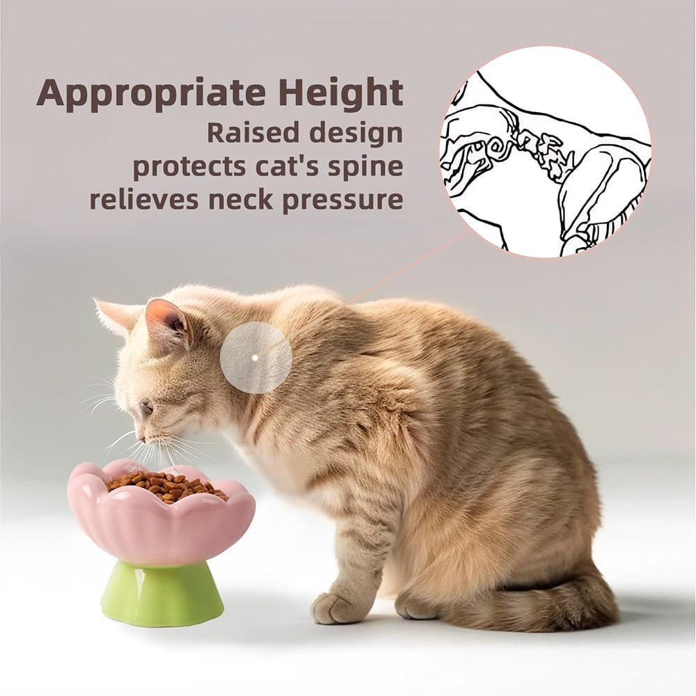 HYAVIA Ceramic Raised Cat Bowl &ndash; Pink Tulip Elevated Cat Dish, 13.5 CM Tall & Tilted, Whisker Friendly, Anti-Vomiting Pet Bowl for Small Indoor Cats & Dogs &ndash; Non-Slip, Cute Flower Design