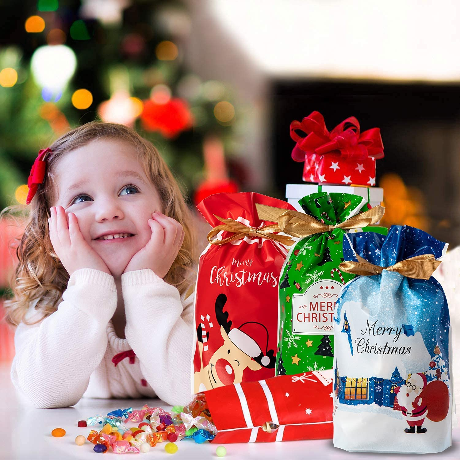 Christmas Candy Treat Bags, Fyvadio 48 Pcs Goodies Plastic Drawstring Gift Bags, Christmas Bag, Pouch Candy Bag, Treat Bag, Goody Bags for Candy Wrapper Birthday Christmas Party Favor Supplies image number 1