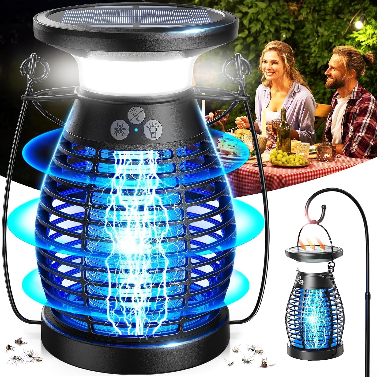 Solar Bug Zapper Outdoor, Electric Bug Zapper, 4000Mah Rechargeable Mosquito Zapper, Cordless Fly Zapper, 4 Modes Waterproof Insect Zapper for Home Garden Patio Backyard Camping Black