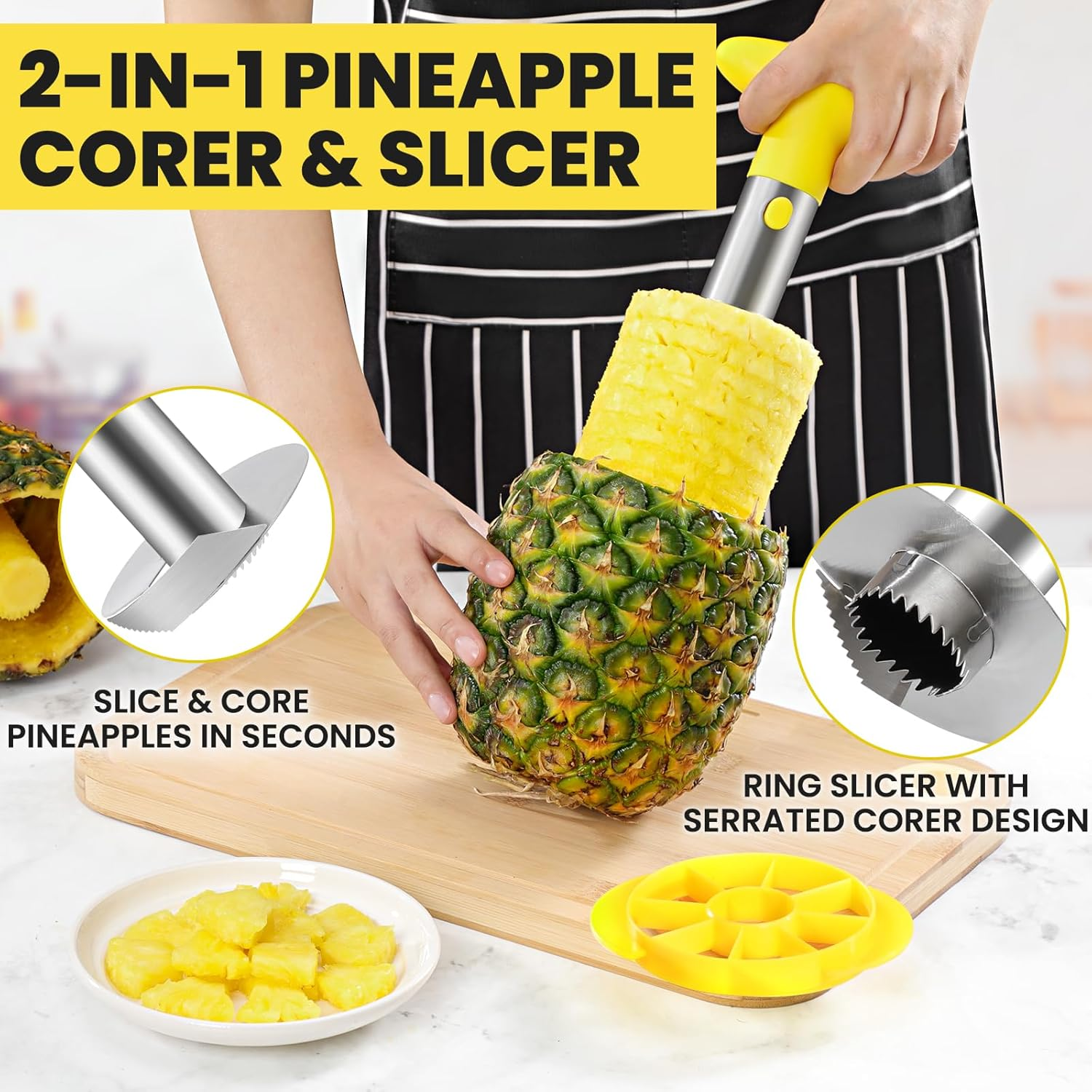 Premium Pineapple Corer and Slicer Tool - Pineapple Cutter with Sharp Serrated Tips - Easy to Use & Clean - Stainless Steel Core Remover for Pineapple - Slice and Core Fruits with Ease(Yellow) - Black image number 5