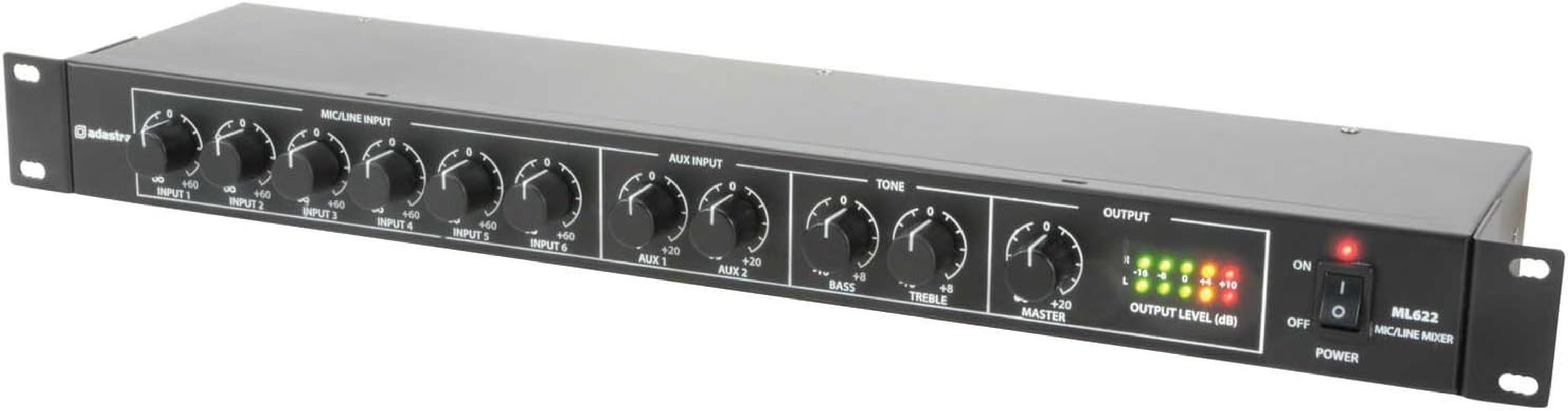 Adastra TR86 1U Rack-Mountable Black Mixer with 6 Switchable Mic/Line Inputs, 2 Aux Inputs, Individually Switchable Phantom Power, 24Vdc Power Option image number 3