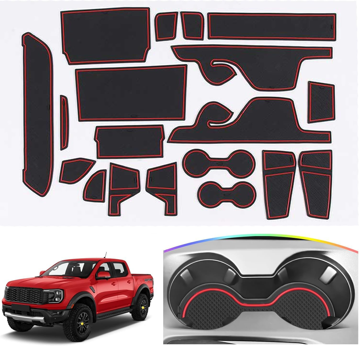 19Pcs Door Slot Mat Compatible with Ford Ranger Xl/Xlt/Lariat/Raptor 2023 2024 Accessories Door Compartment Cup Center Console Liners image number 4