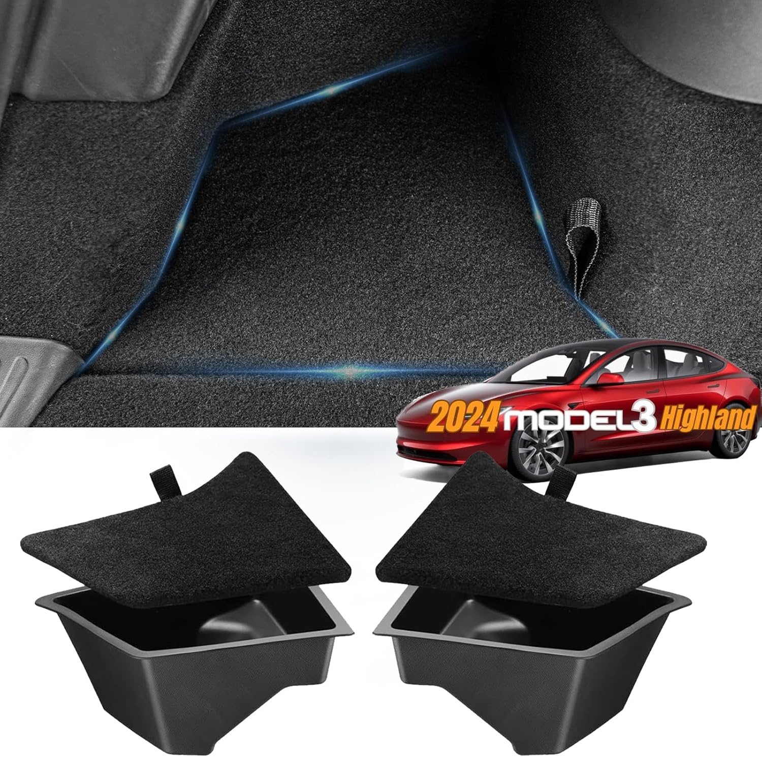 Car Trunk Organizer for Tesla Model 3 Highland 2025 2024, 2-Pack Rear Trunk Storage Boxes with Lids, TPE Waterproof Trunk Side Packets Tray Storage Bins Accessories image number 2