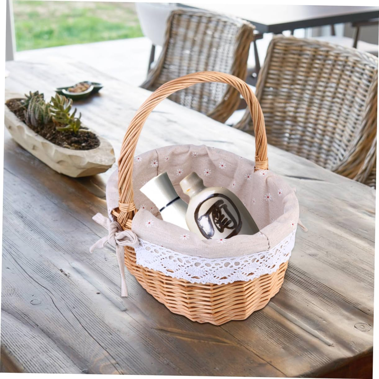 1Pc Wicker Woven Storage Basket with Linen Cloth Lining Versatile Basket for Wedding Blanket Storage Elegant Natural Design image number 3