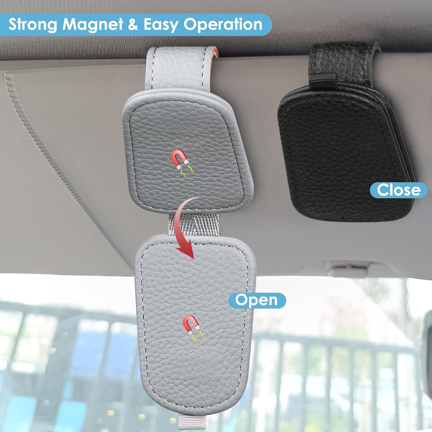 Simpeak 2Packs Sunglass Holders for Car Sun Visor, Magnetic PU Leather Glasses Hanger Clip for Car Sun Visor Car Accessories, Black+Grey image number 3