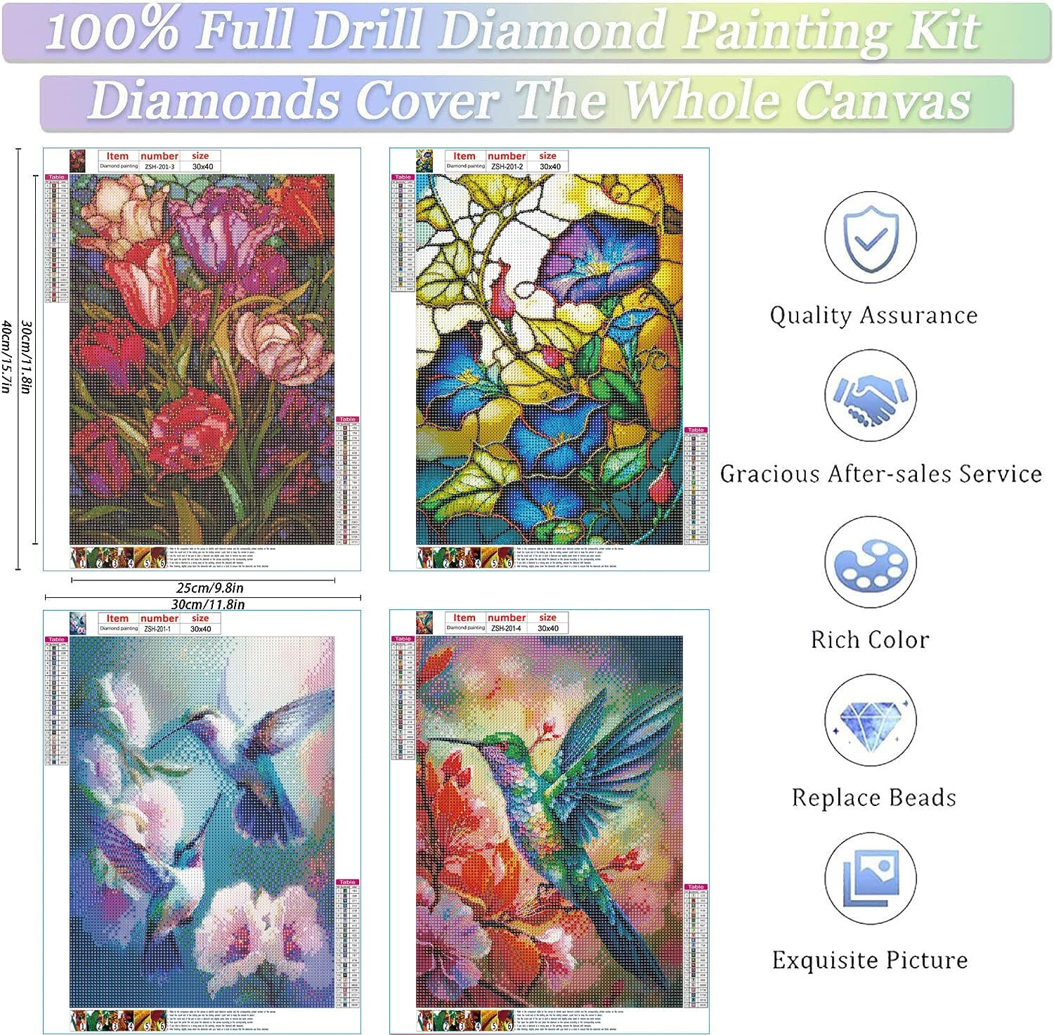 RYMILIE Diamond Painting Kits for Adults - 4 Pack Flowers and Hummingbirds DIY 5D Diamond Art Kits Full Drill Diamond Dots Paintings with Diamonds Gem Art and Crafts Home Decor 12X16Inch image number 1