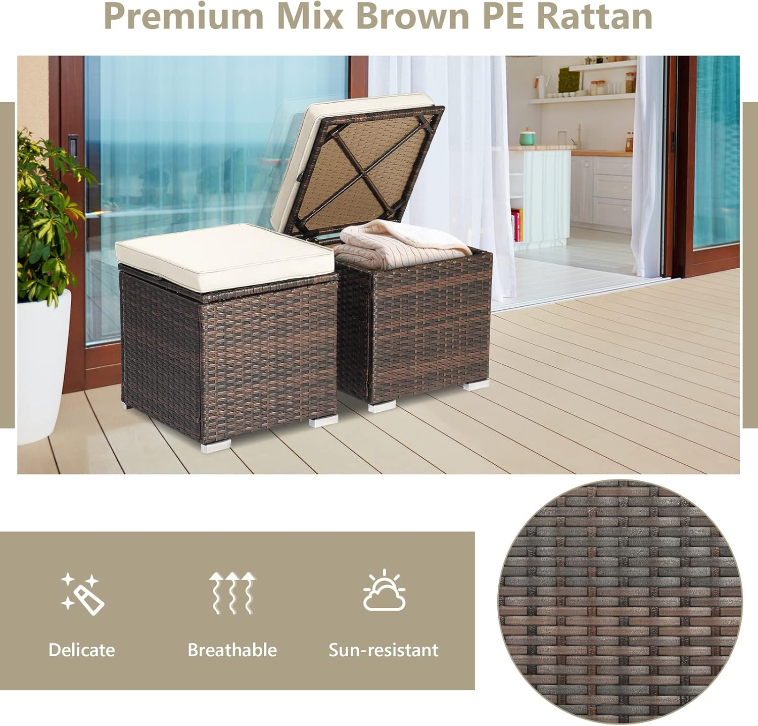 Costway 2-Pieces Patio Ottomans, Outdoor Hand-Woven PE Rattan Side Table W/Removable Cushion & Hidden Storage Space, Footrest, Storage Box, Seat for Patio, Backyard, Poolside (White (Cushion)) image number 5