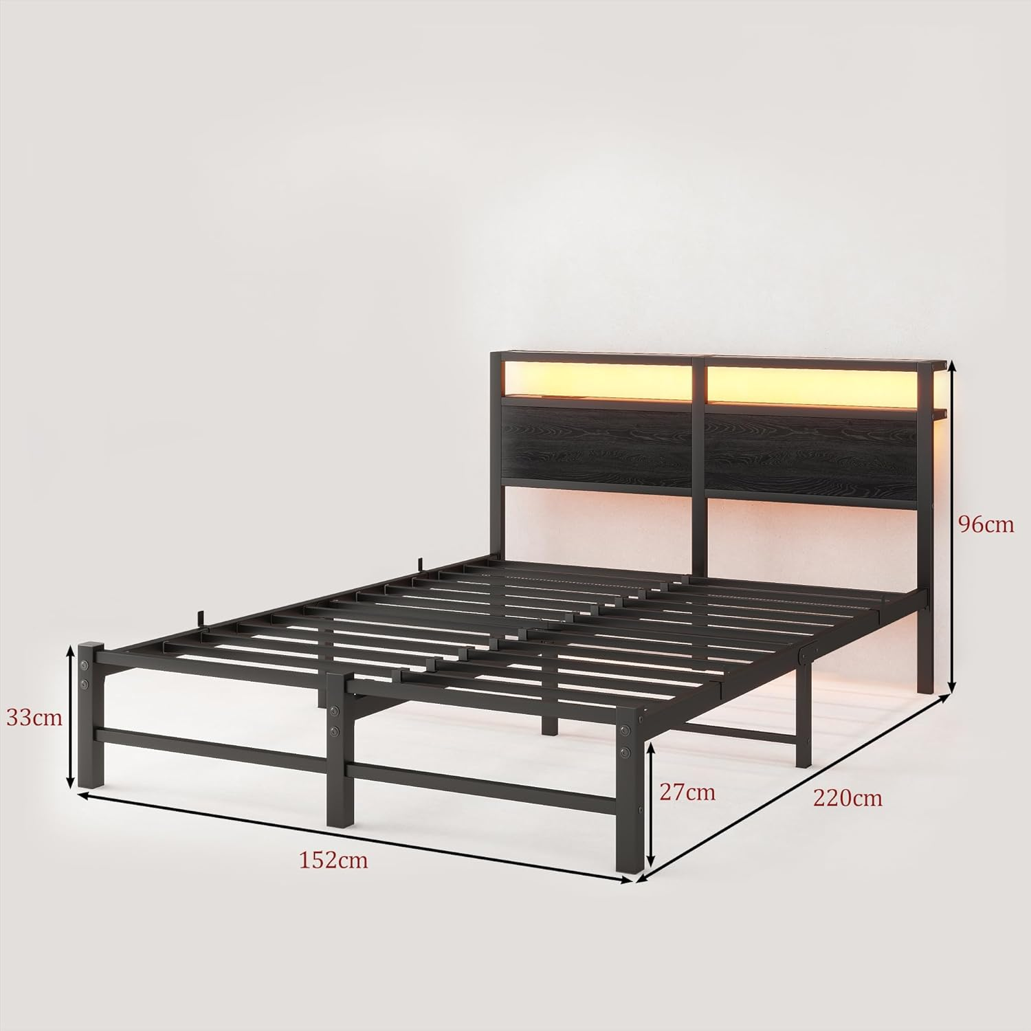 Queen Bed Frame with LED Lights Storage Headboard,Queen Bed Frame with Charging Station,Heavy Duty Metal Platform Bed Frame,No Box Spring Needed,Noise Free,Strong Metal Slats Support,Black image number 4
