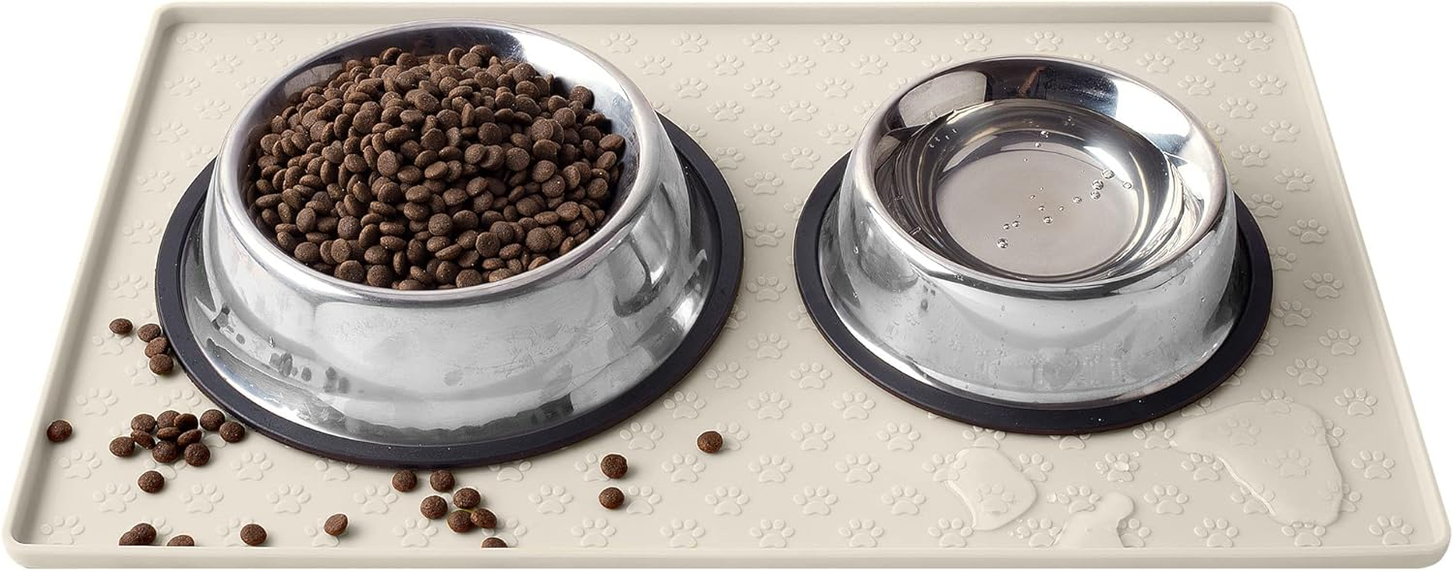 Coomazy Cat & Dog Food Mat, Sillicone Waterproof Pet Bowl Placement Tray to Stop Food Spills and Water Messes Out to Floor (M: 48X30Cm/18.9X11.8In, Grey)