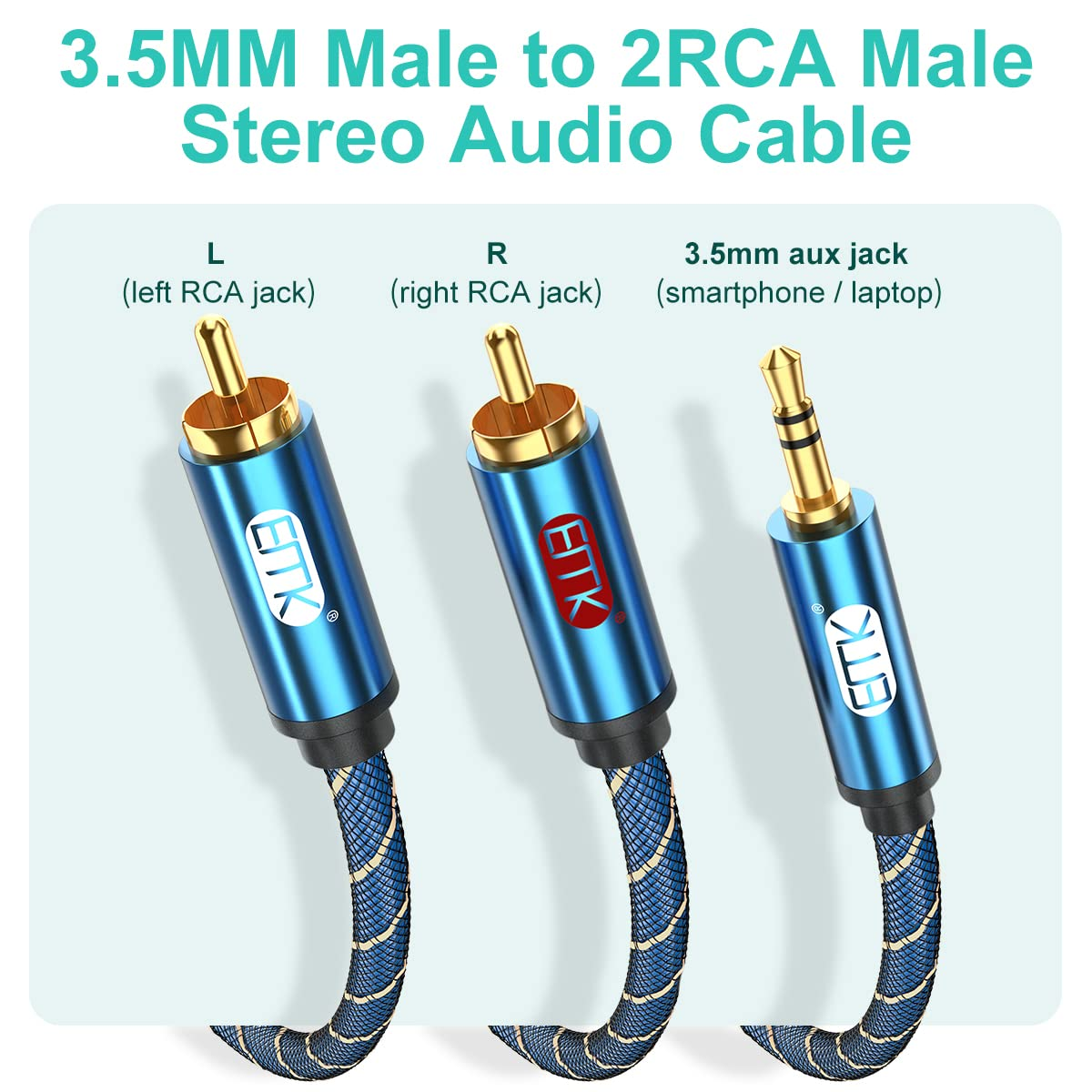 EMK 2RCA Cable Jack 3.5Mm to 2 RCA Audio Aux Cable Nylon Braided Male to 2Rca Cables AUX Cord for Smartphone, Amplifier, Speaker, Subwoofer, TV, Car Stereo (3Meters) image number 2