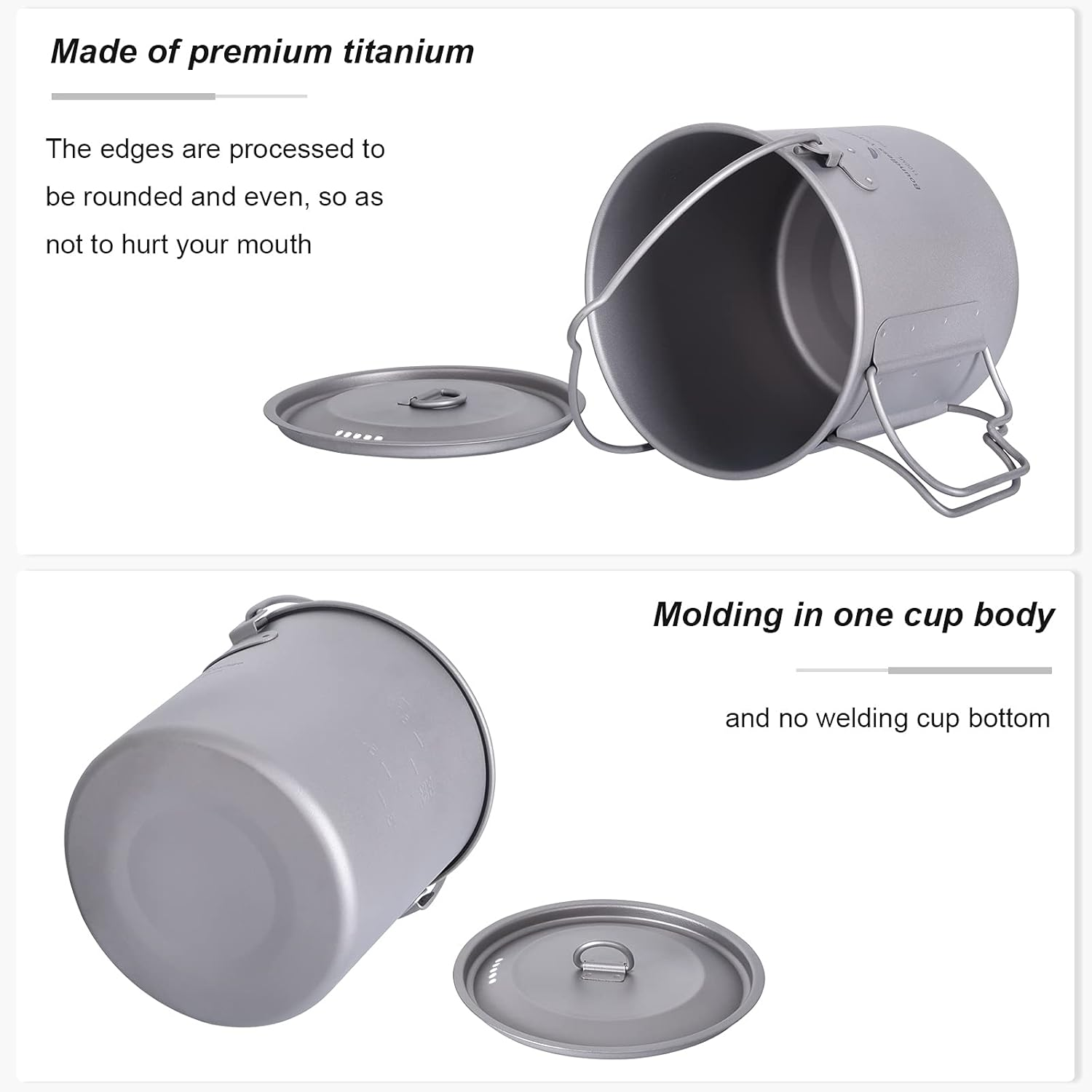 Boundless Voyage Titanium Pot Cup Mug with Lid Storage Bag Pot Set Collapsible Folding Handle Camping Hiking Picnic Ultralight Portable Tableware Cookware Drinkware Big Capacity (Ti15109B 1100Ml)