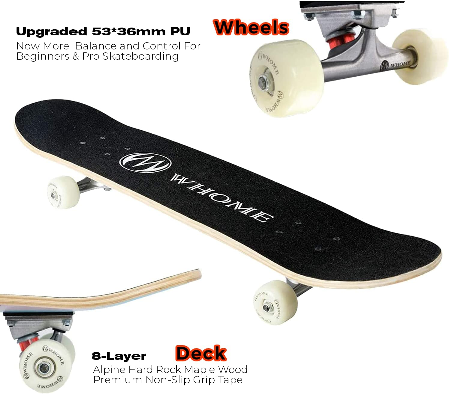 WHOME 31 Inch Double Kick Concave Skateboard Complete Maple Deck PU Wheels ABEC-9 Bearings for Youths Adults Kids Includes T-Tool - Fresh image number 5