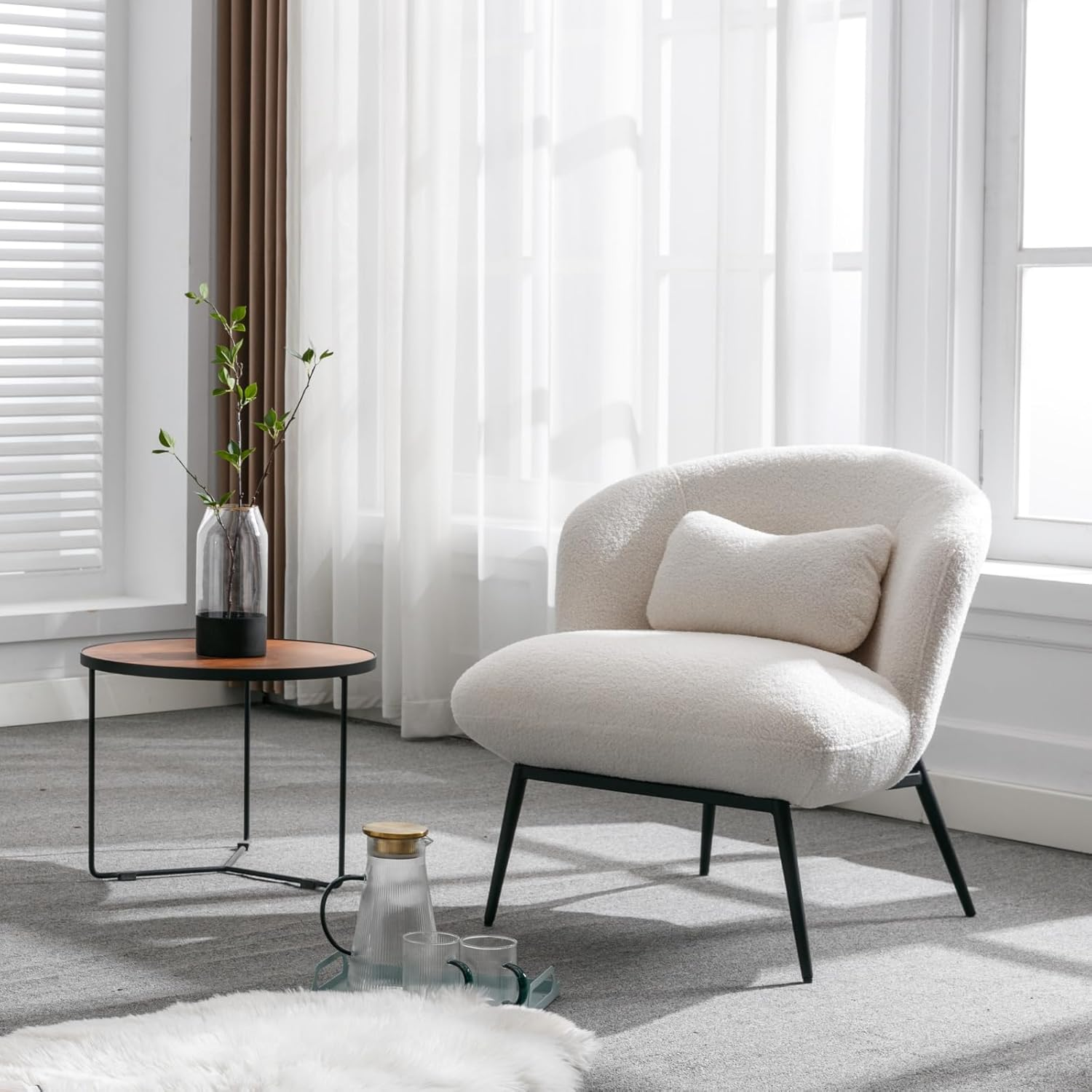 Modern Accent Chair, Upholstered Sherpa Fabric Side Chair Guest Chair with Small Pillow Black Metal Legs, Comfy Lounge Chair for Living Room Bedroom, White image number 3