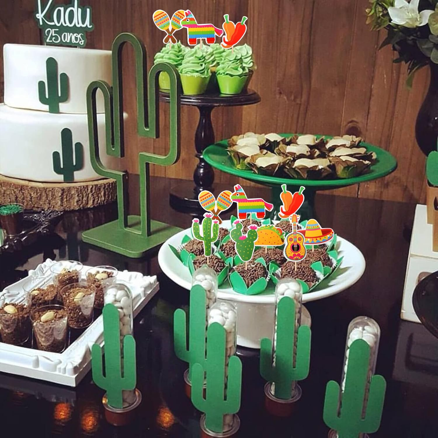 32 Pack Mexican Fiesta Cupcake Toppers Assembled Cactus Donkey Maraca Sombrero Guitar Cupcake Picks Mexican Fiesta Theme Baby Shower Birthday Party Cake Decorations Supplies image number 2