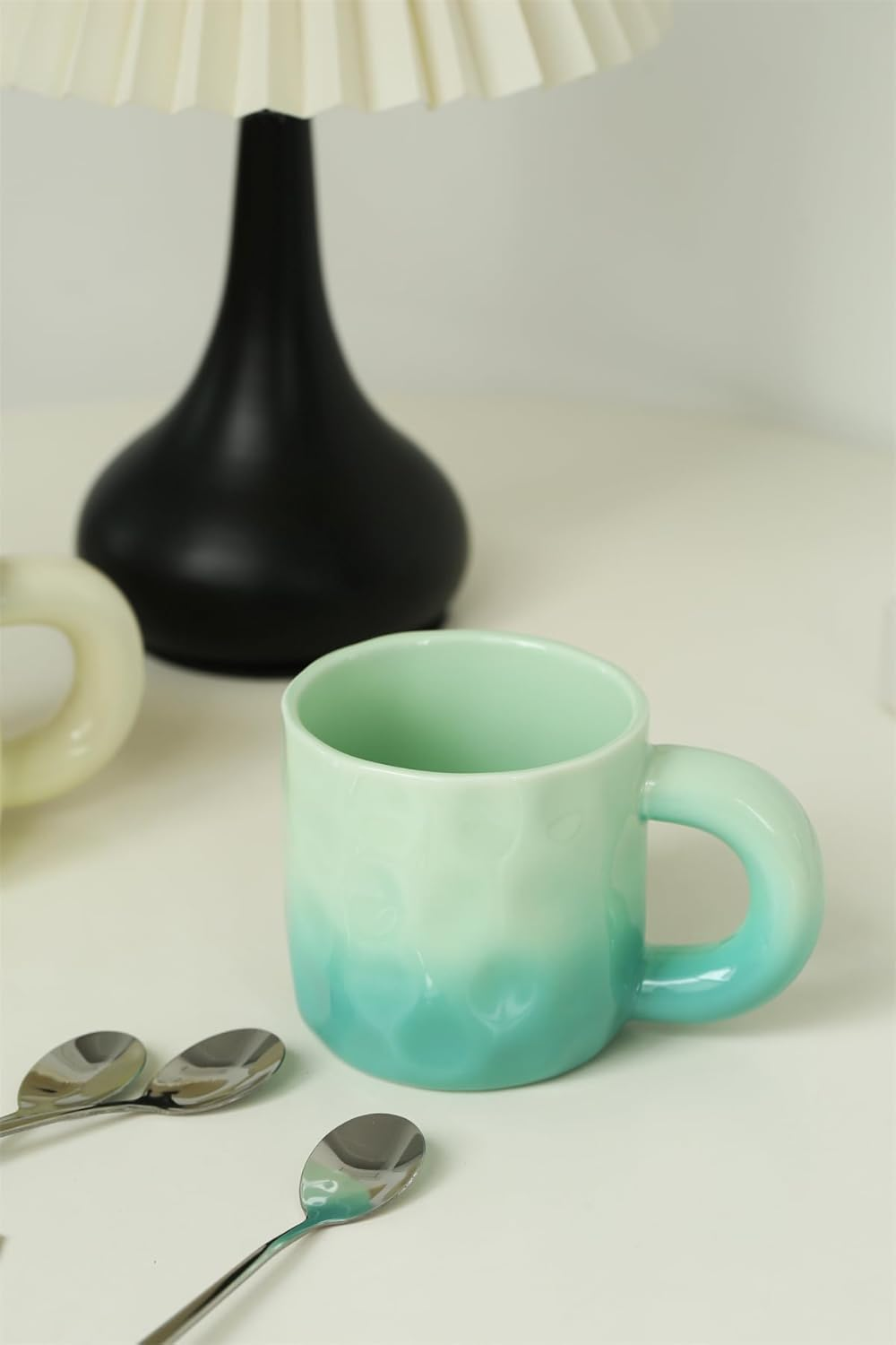 TREEWOO Creative Gradient Macaroon Color Ceramic Handmade Coffee Mug with Chubby Handle and Spoon Cute Breakfast Coffee Milk Cup for Family Friend (Green) image number 5