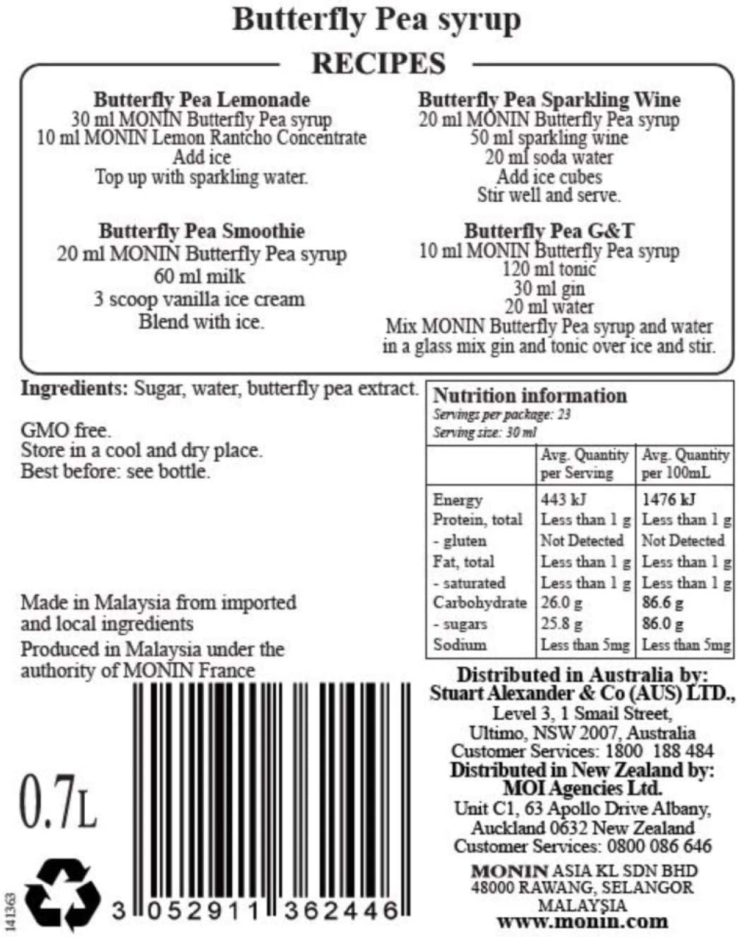 Monin Butterfly Pea Flower Syrup, Sweet Taste and Floral Aroma, Perfect for Cocktail, Sodas and Juices, Gluten-Free, Vegan, Non-Gmo, 700 Ml