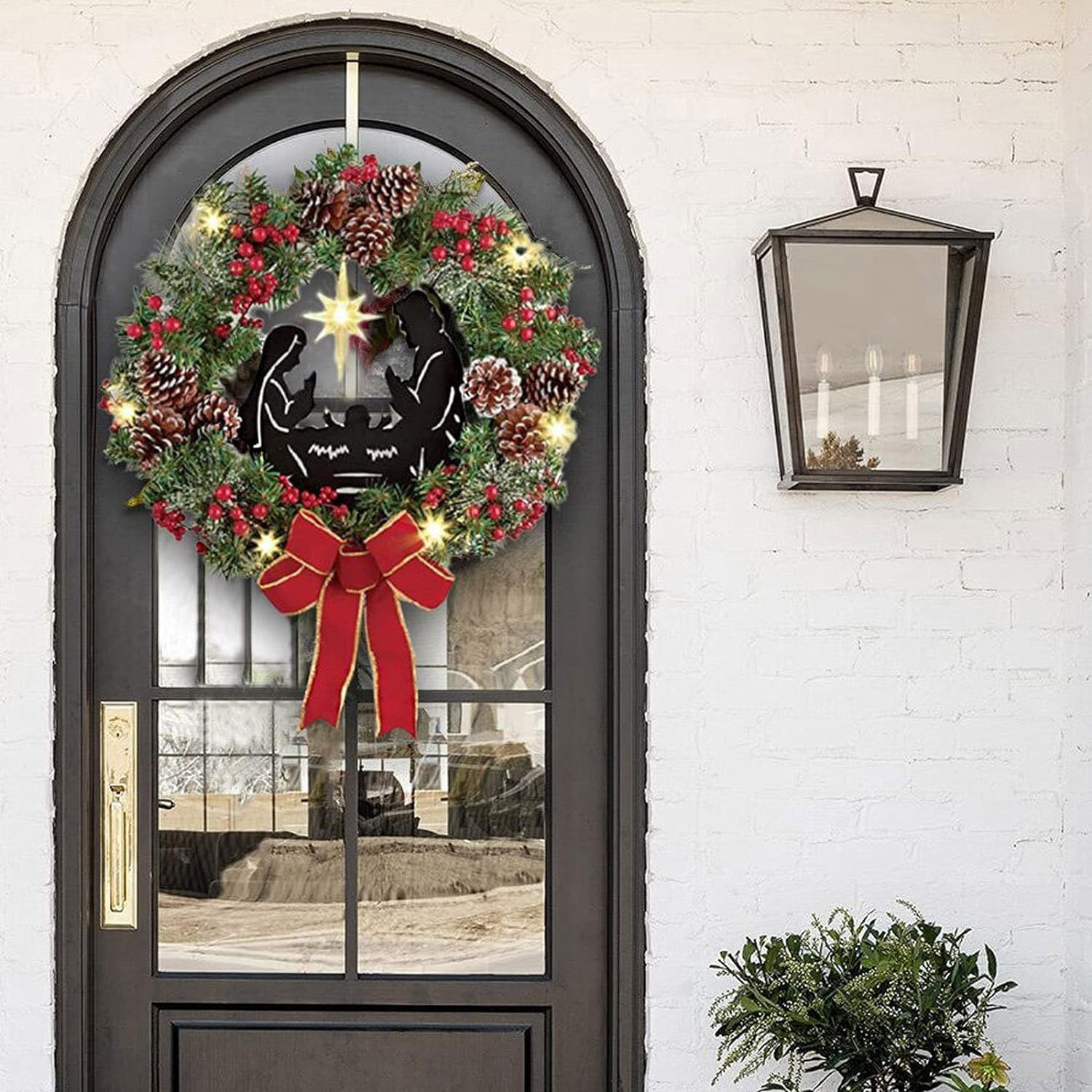 Christmas Wreath,Large Artificial Christmas Wreaths for Front Door,Xmas Wreaths with Bow Ribbon, Christmas Decor Winter Garlands Wreath for Outdoor Indoor Window Porch (E)