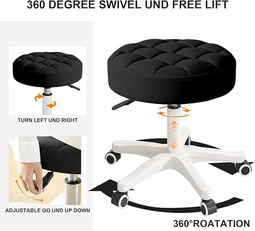 Small Chair round Rolling Stool with Wheels PU Leather Height Adjustable Swivel Stool Drafting Work Tatto Massage SPA Salon Stools Home Office Chair (Black)