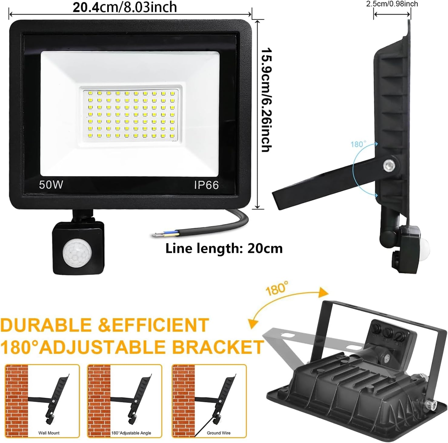 LED Flood Lights Outdoor, 50W 6000LM Security Lights Outdoor Motion Sensor, IP66 Waterproof 6500K Daylight Dusk to Dawn Floodlights for Yard, Garage, Garden, Parking Lot, Park,Playground image number 4