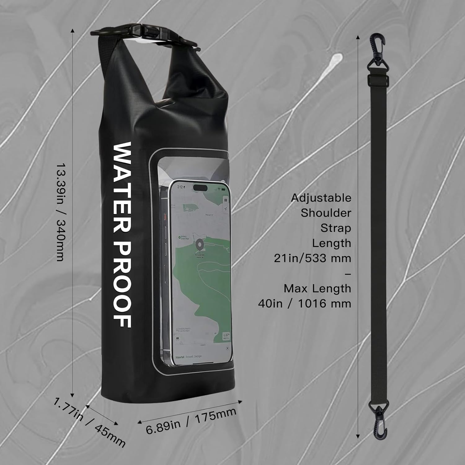 Waterproof Dry Bag 2L - Roll Top Waterproof Backpack/Phone Case/Pouch - Boating & Kayak Accessories - Essentials for Camping Swimming Beach Fishing Rafting Travel - Black image number 6