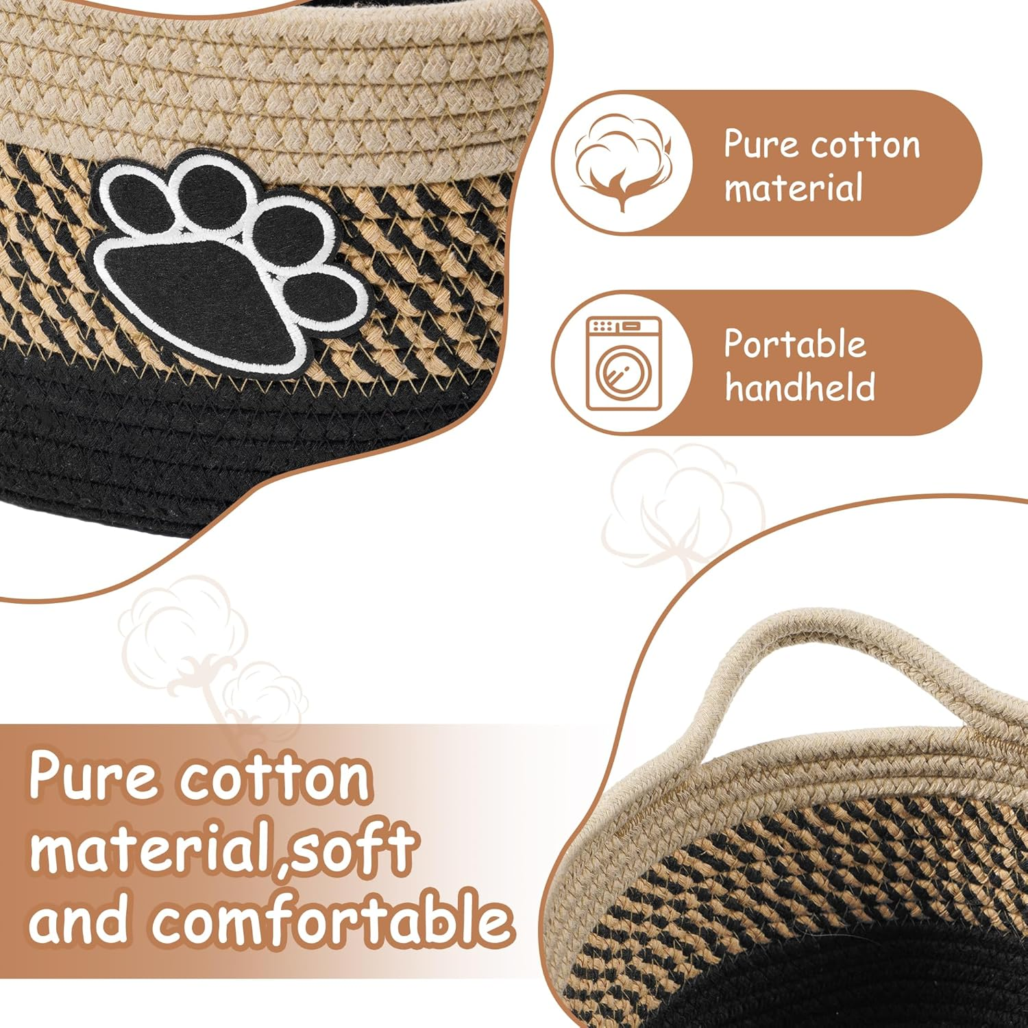 Small Woven Baskets for Organizing Rope Storage Basket with Handle Cute Cotton Nursery Gift Dog Toy Bins Organizer-Light Beige image number 6