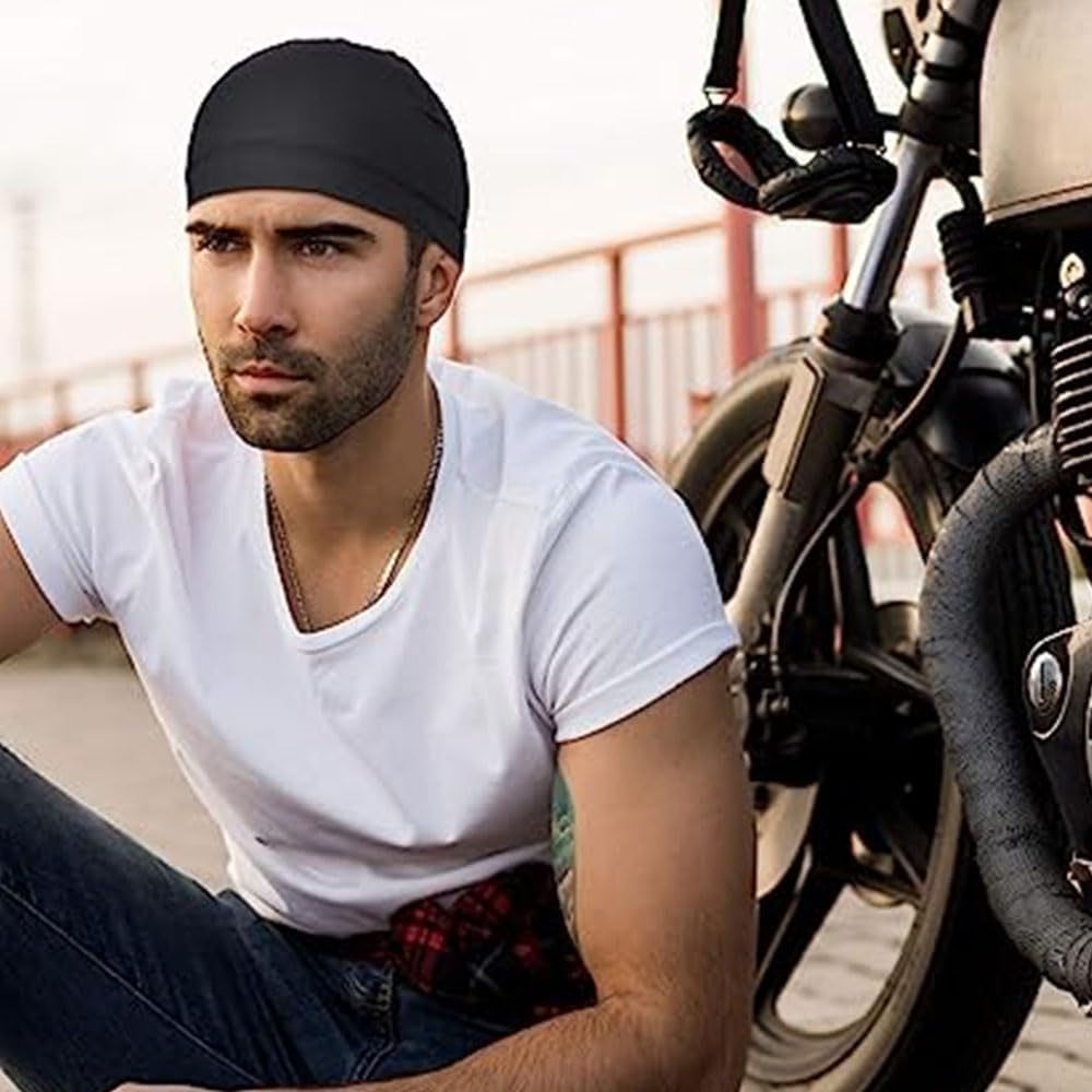 JZS Helmet Liner Skull Caps 6 Pieces Sweat Wicking Cycling Running Hat for Men Women(Black+Blue+Grey) image number 3