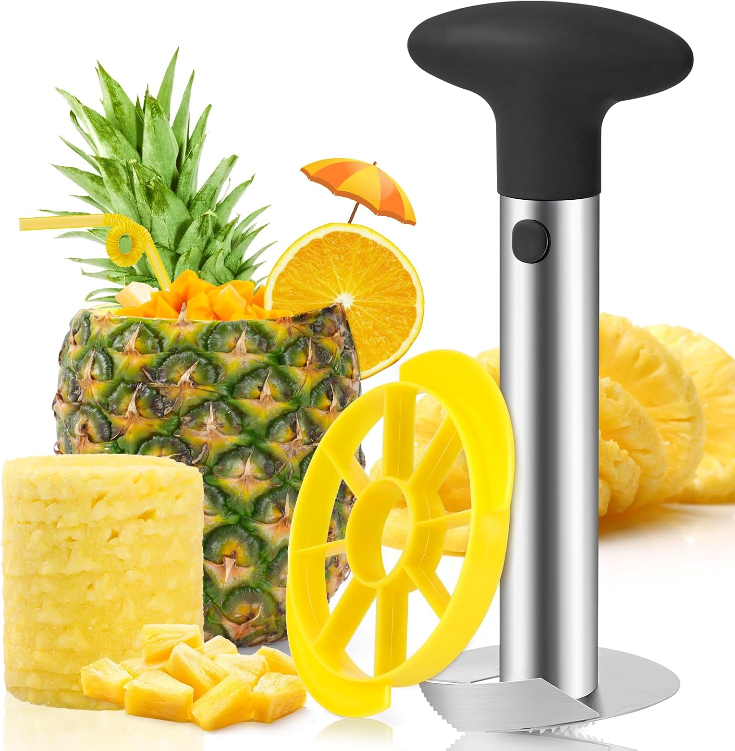 Premium Pineapple Corer and Slicer Tool - Pineapple Cutter with Sharp Serrated Tips - Easy to Use & Clean - Stainless Steel Core Remover for Pineapple - Slice and Core Fruits with Ease(Yellow)
