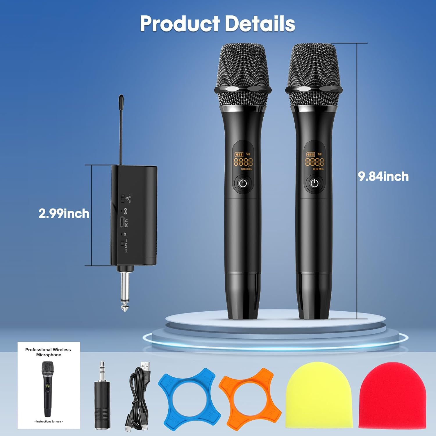 Rechargeable Wireless Microphones, Professional UHF Dual Microphones with Rechargeable Receiver, for Karaoke, Wedding, DJ, Party & Speech (Black) image number 3