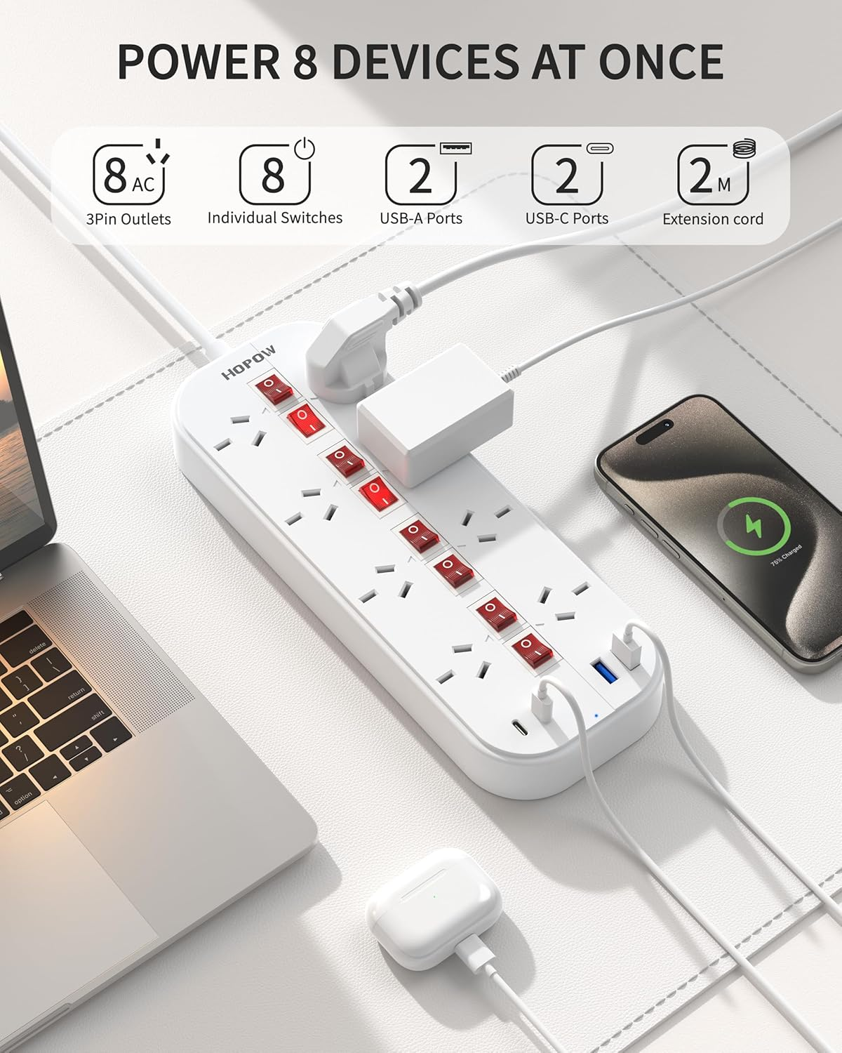 Power Board with Individual Switches, Power Strip with 8 Wide Outlets(2 USB a & 2 USB C), 350J Surge Protection Power Board, Powerboard 10A/2400W, 2M Extension Cord for Home, Office, Hotel image number 6