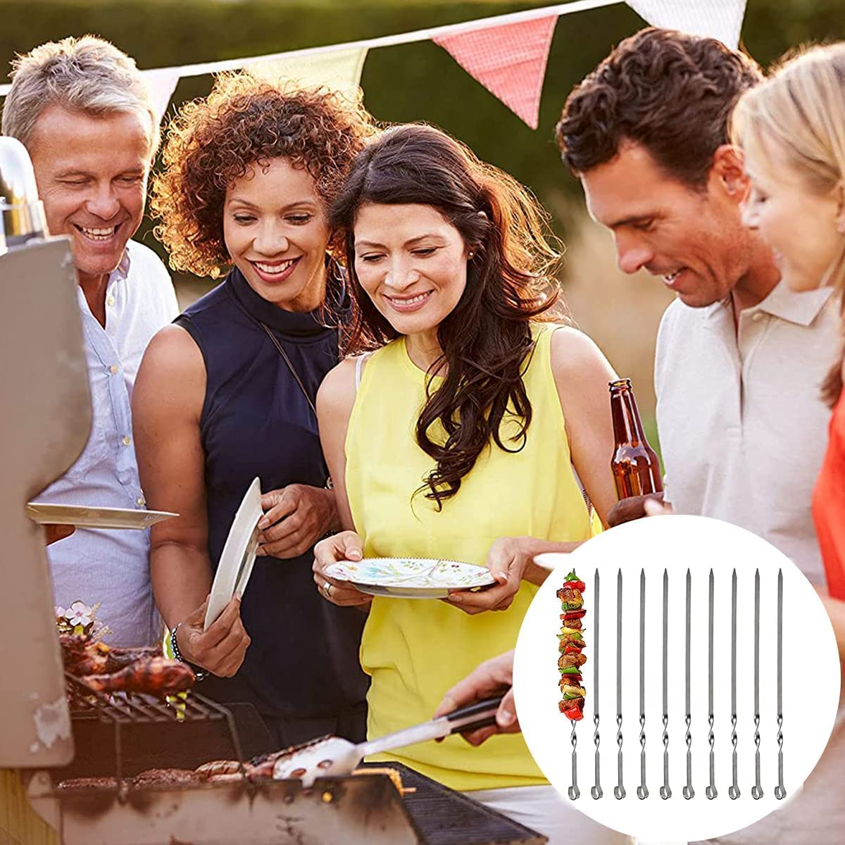 Barbecue Skewers, 10 PCS Flat Long Reusable Steel Metal Skewers for BBQ Grilling, Roasting (Length 30Cm/11.81In)