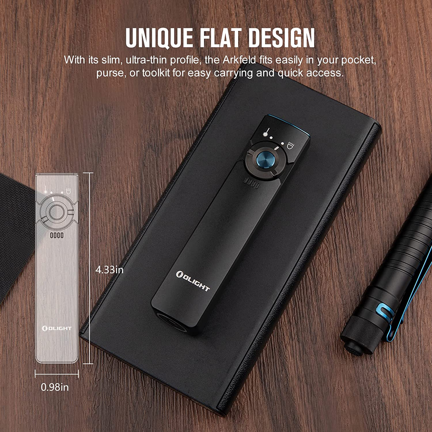 OLIGHT Arkfeld Max 1000 Lumens Rechargeable EDC Flashlight Dual Light Source with Green Beam for Pet, Presentation(Black, Cool White Light: 5700~6700K) image number 2