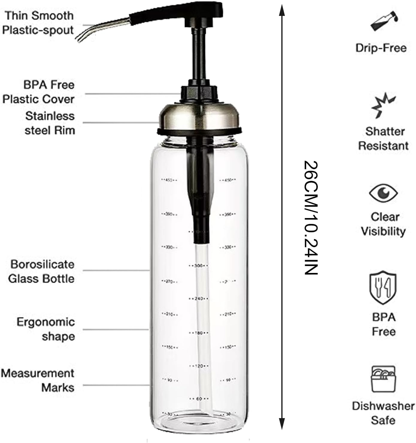 Syrup Dispenser with Pump,500Ml Refillable Ketchup Bottle for Sauce and Syrup Glass Bottle with Wide Neck Press Pump Head Sticky Sauce Squeeze Bottle,Honey Dispenser (Black) image number 1