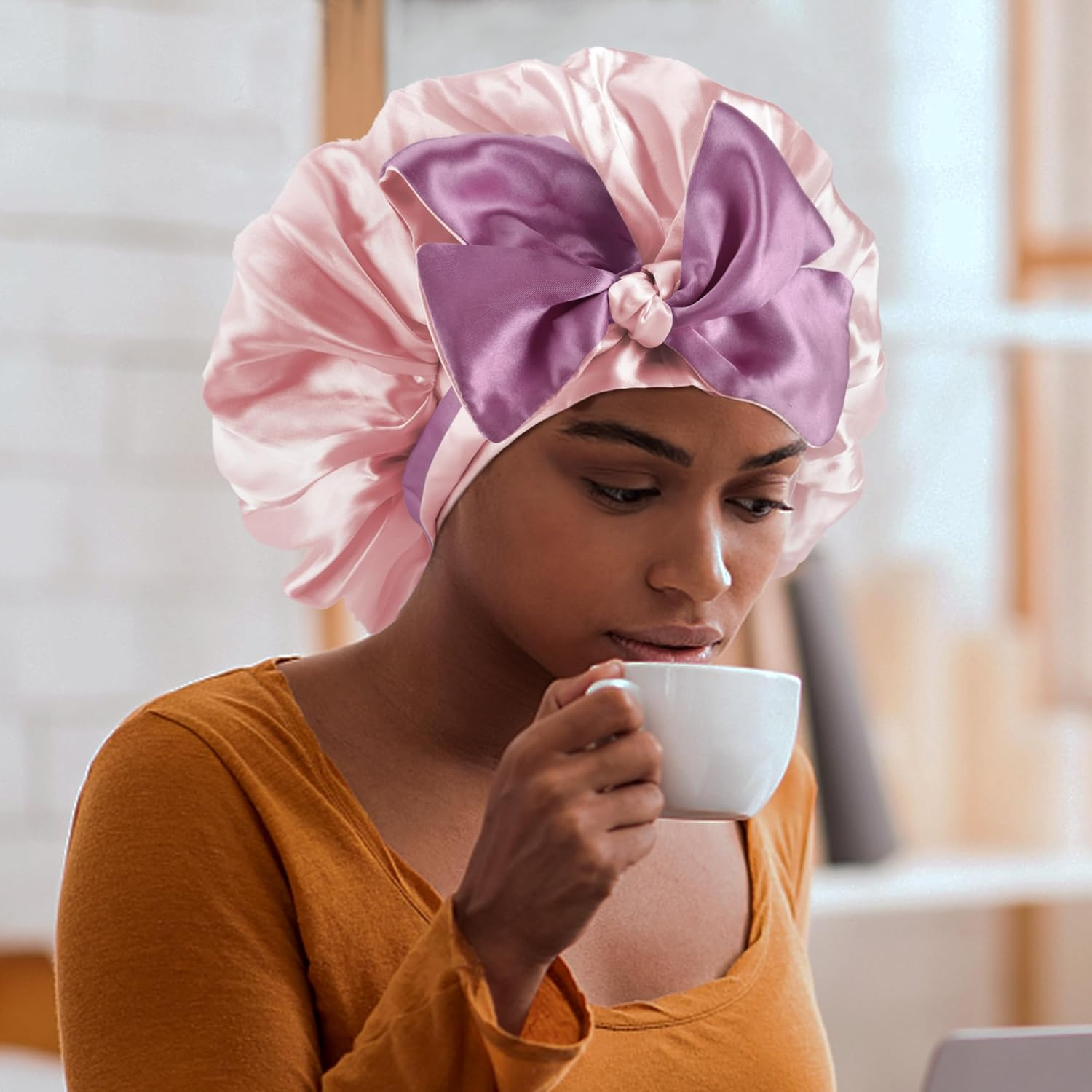 Silk Satin Bonnet - Silk Hair Wrap for Sleeping,Satin Bonnet for Curly Hair Sleep Cap Large Double Sided Reversible Hair Bonnet with Tie Band image number 3