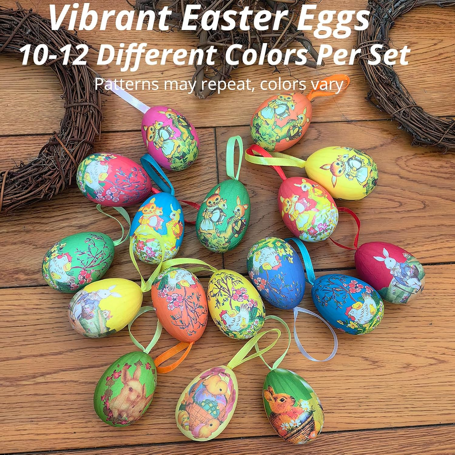 Gardeningwill 12Pcs New Vintage Style Paper Mache Egg Hanging Ornaments Easter Decoration