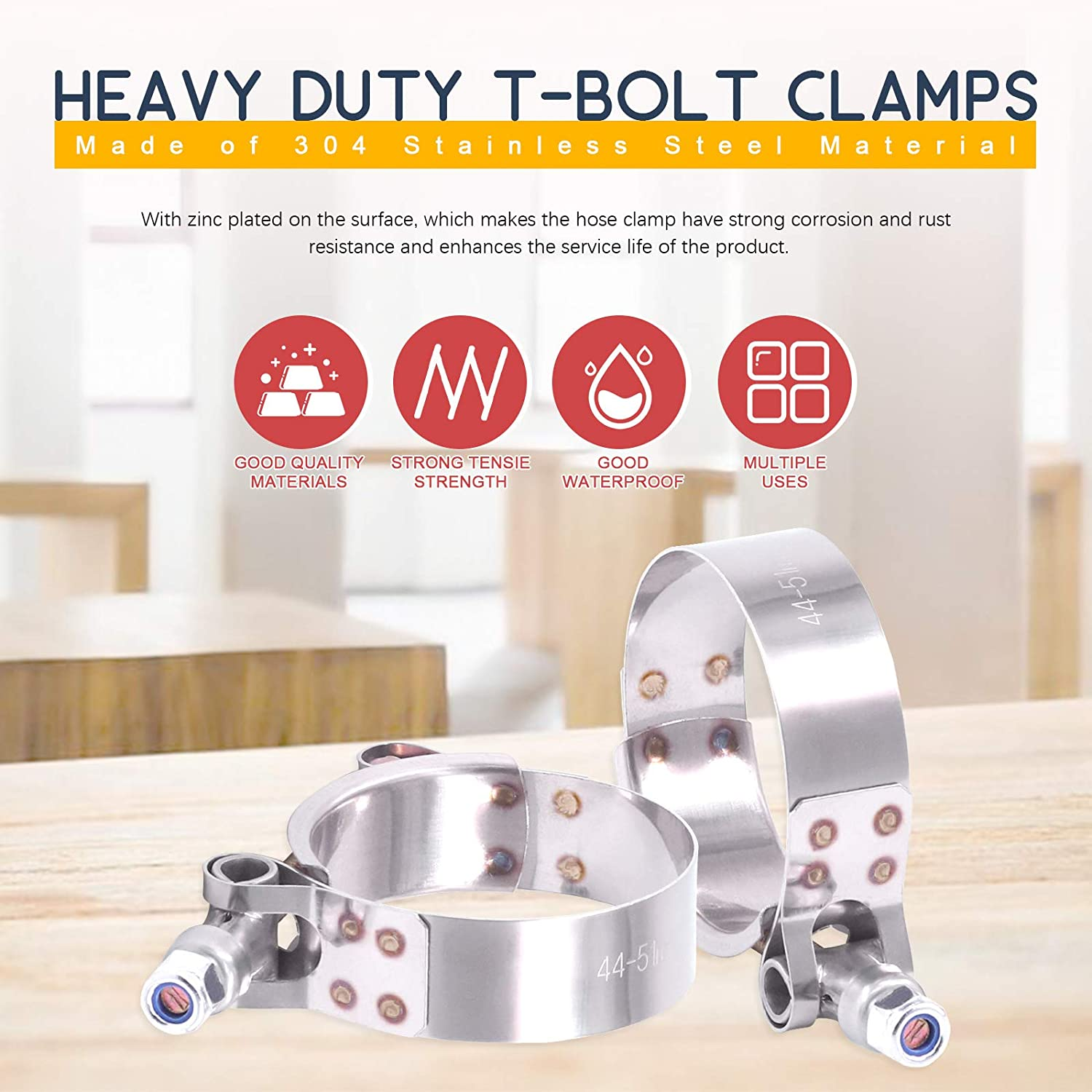 Hilitchi 2Pcs Stainless Steel T-Bolt Clamps with Rounded Band Edges Heavy Duty Turbo Intake Intercooler Clamp (44-51MM) for 1 1/2 Inch image number 3