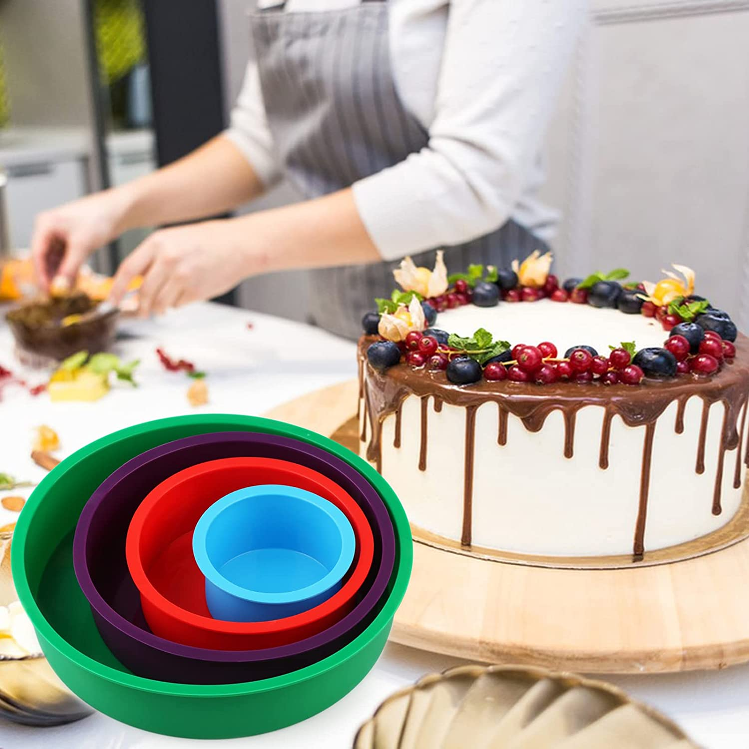 Silicone round Cake Pans Set, 4 Pcs (4"/6"/8"/10") Extra Thick Nonstick Leakproof round Deep Cheesecake Pans, Layer Baking Pans Cake Tins Set for Birthday Wedding Tier Cake image number 1