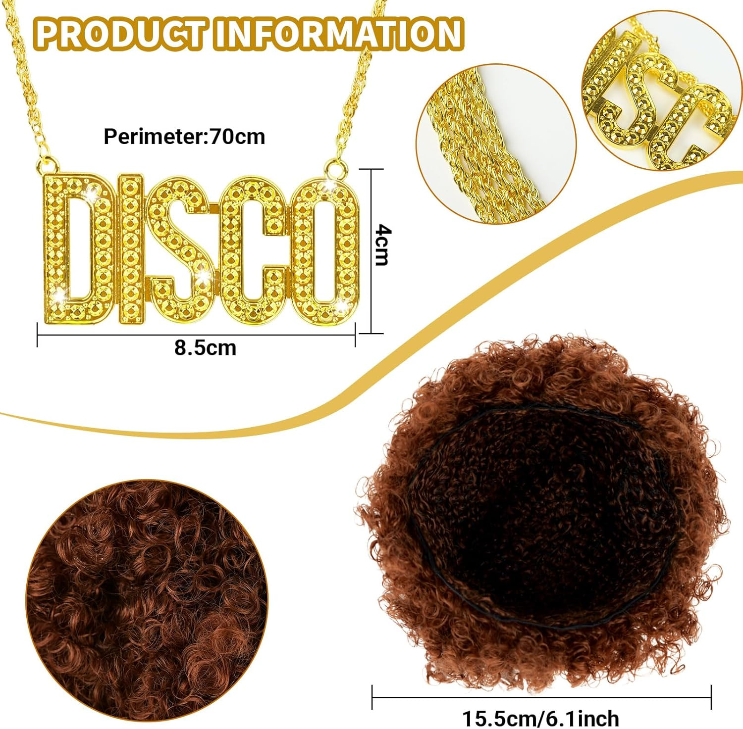 5Pcs Boy 70S Disco Costume,Kids Boys Sequins Dress Shirt,Wig Disco Necklace Sunglasses for 60S Dress Up image number 2